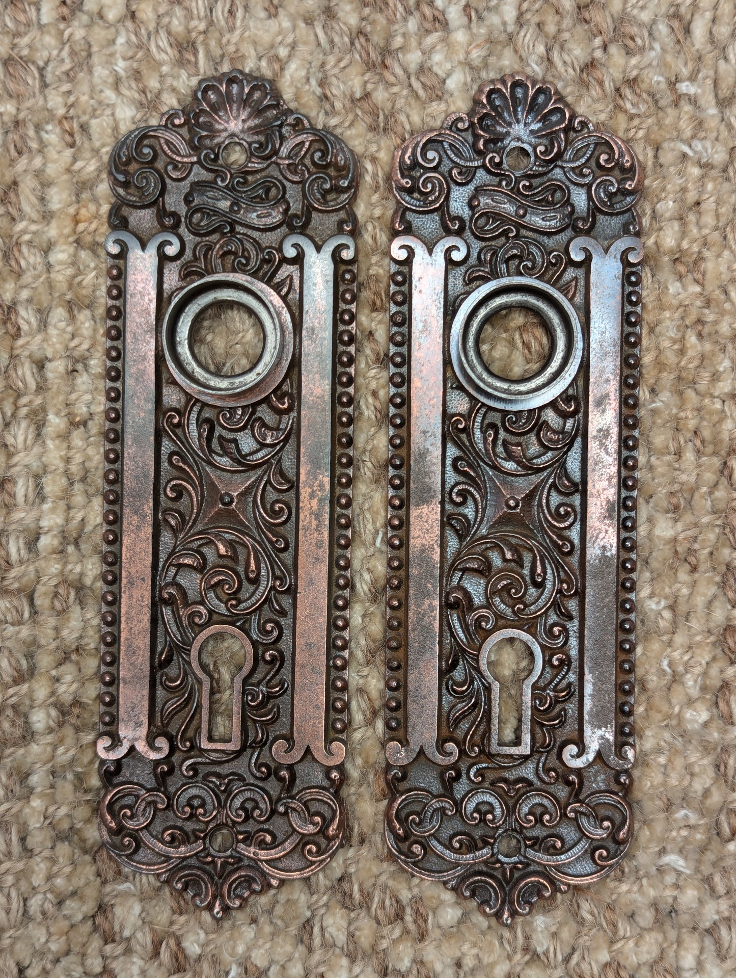 Pair Of Antique Ornate Cast Iron Door Knob Plates Hardware