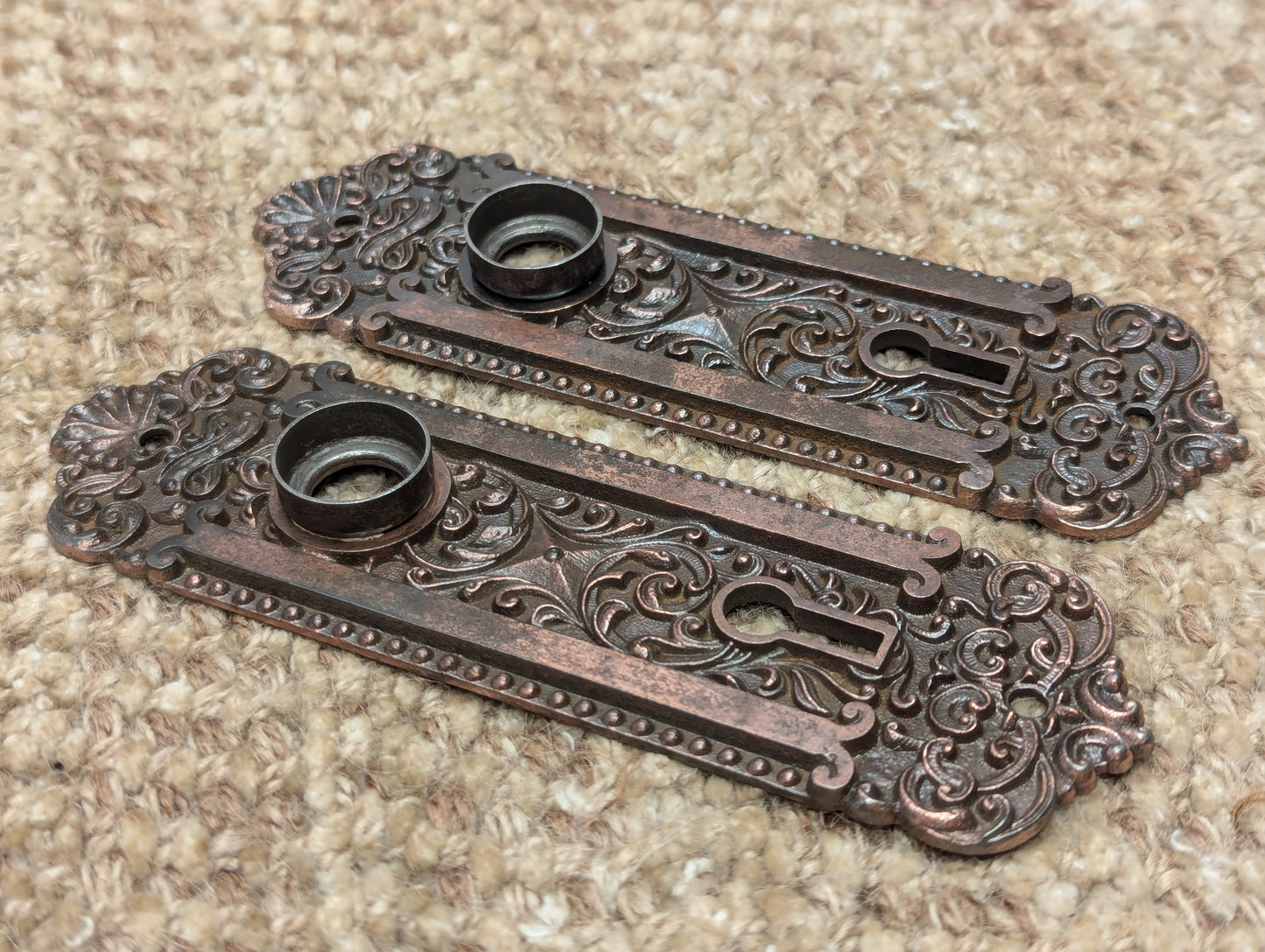 Pair Of Antique Ornate Cast Iron Door Knob Plates Hardware