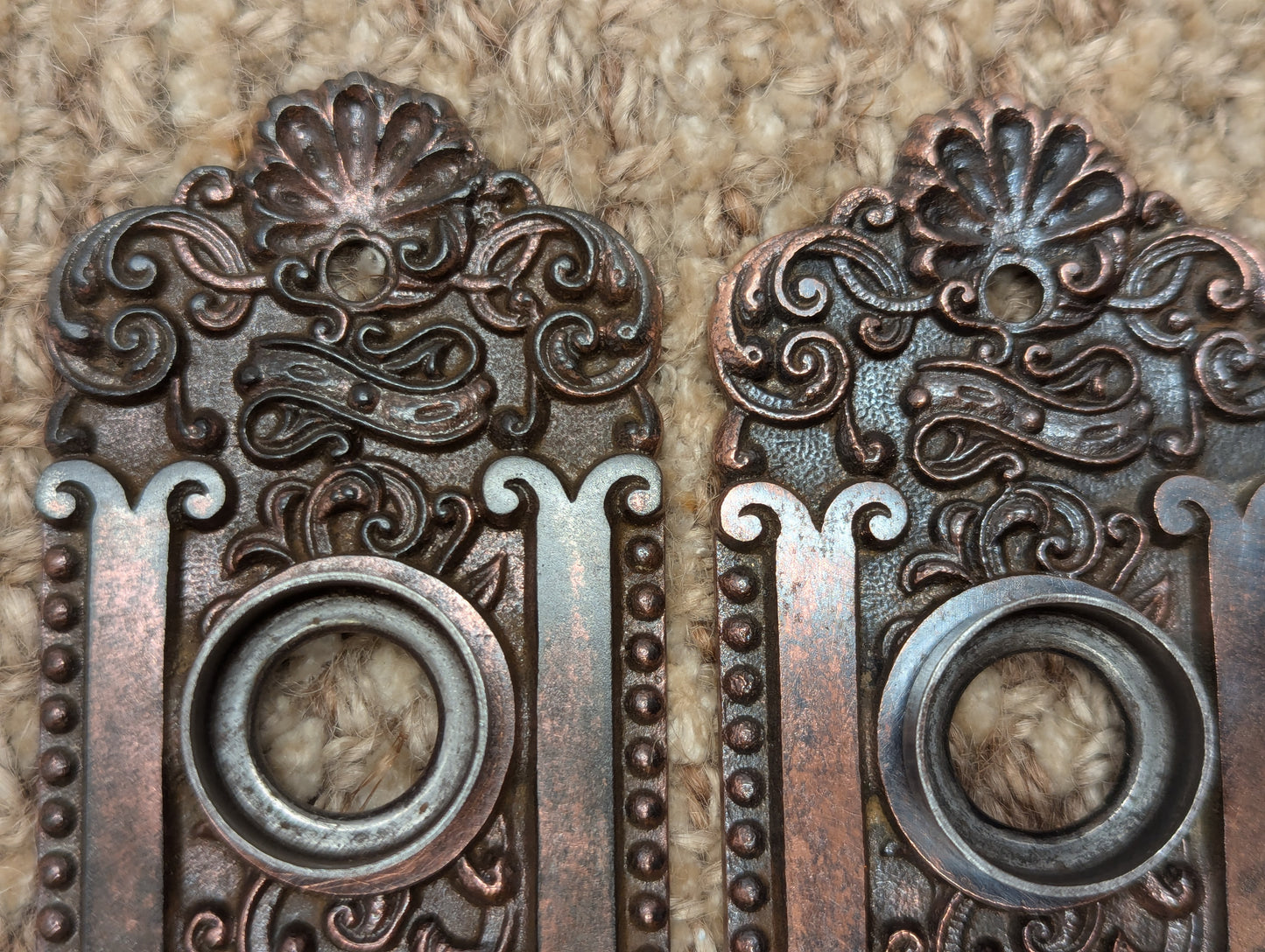 Pair Of Antique Ornate Cast Iron Door Knob Plates Hardware