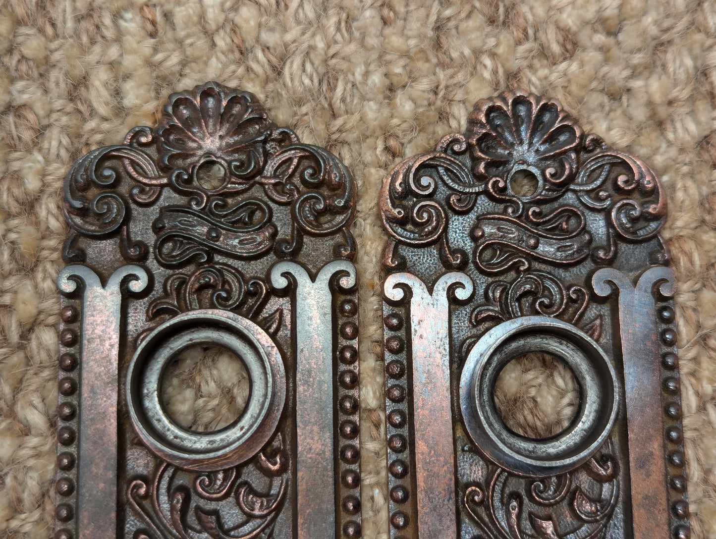 Pair Of Antique Ornate Cast Iron Door Knob Plates Hardware