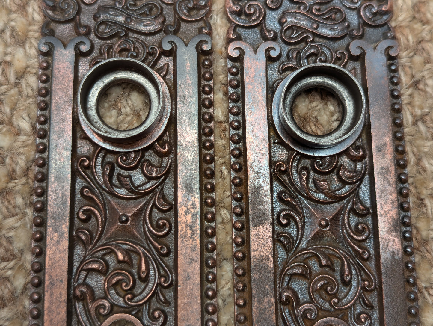 Pair Of Antique Ornate Cast Iron Door Knob Plates Hardware