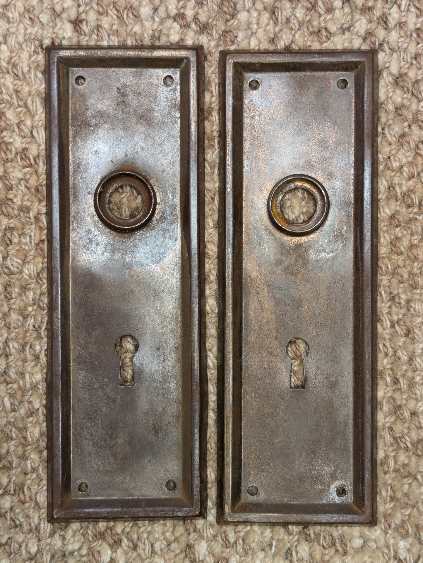 Pair Of Antique 2 7/16" x 7 1/8" Steel Door Knob Plate Hardware