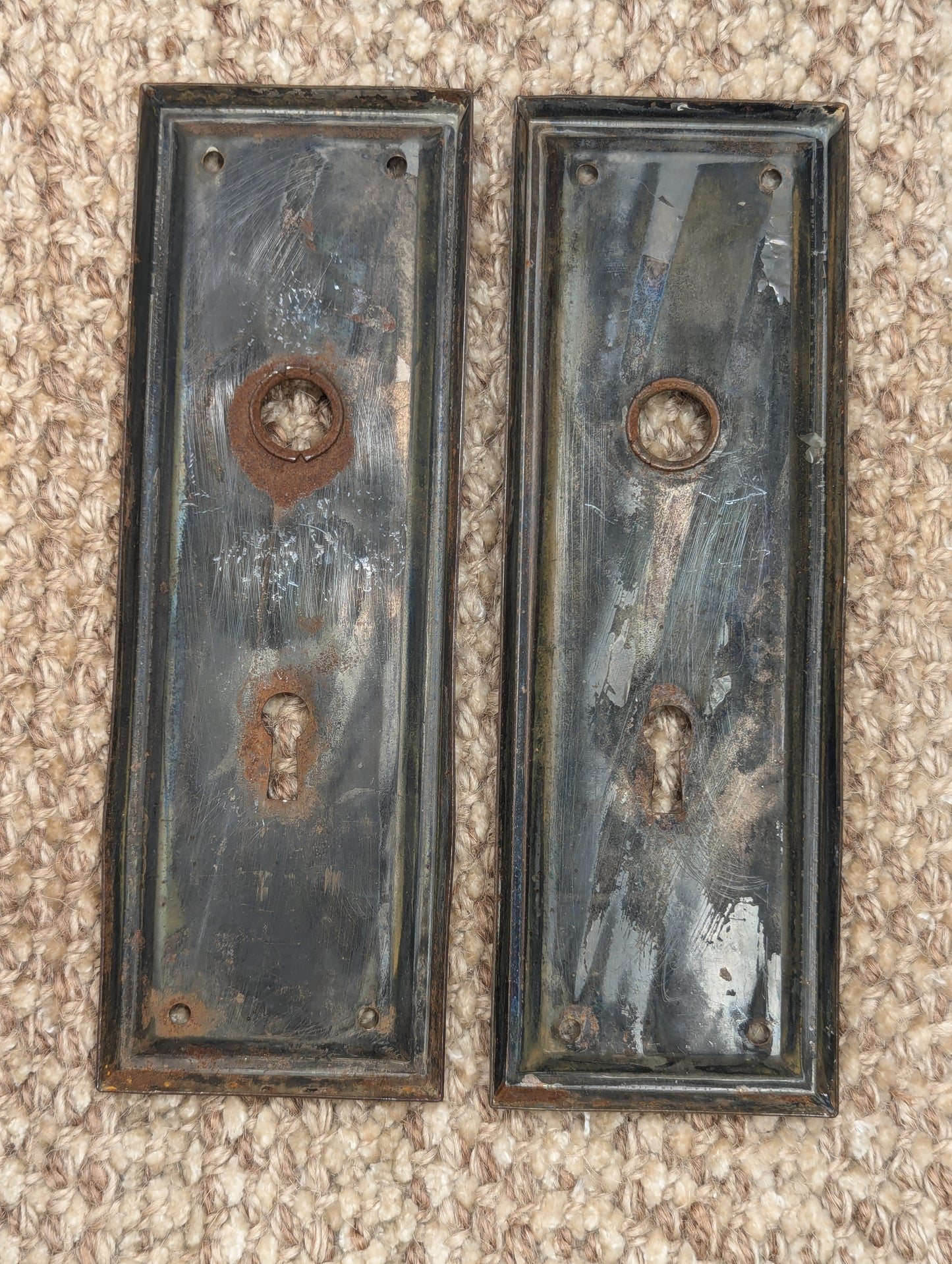 Pair Of Antique 2 7/16" x 7 1/8" Steel Door Knob Plate Hardware