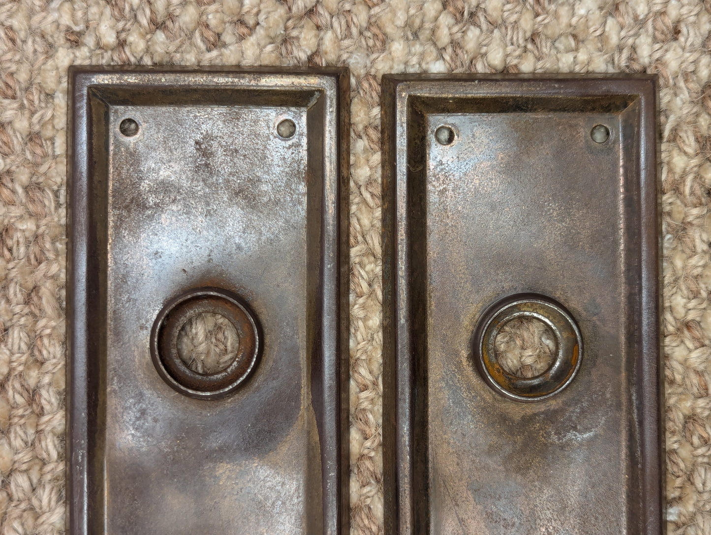 Pair Of Antique 2 7/16" x 7 1/8" Steel Door Knob Plate Hardware