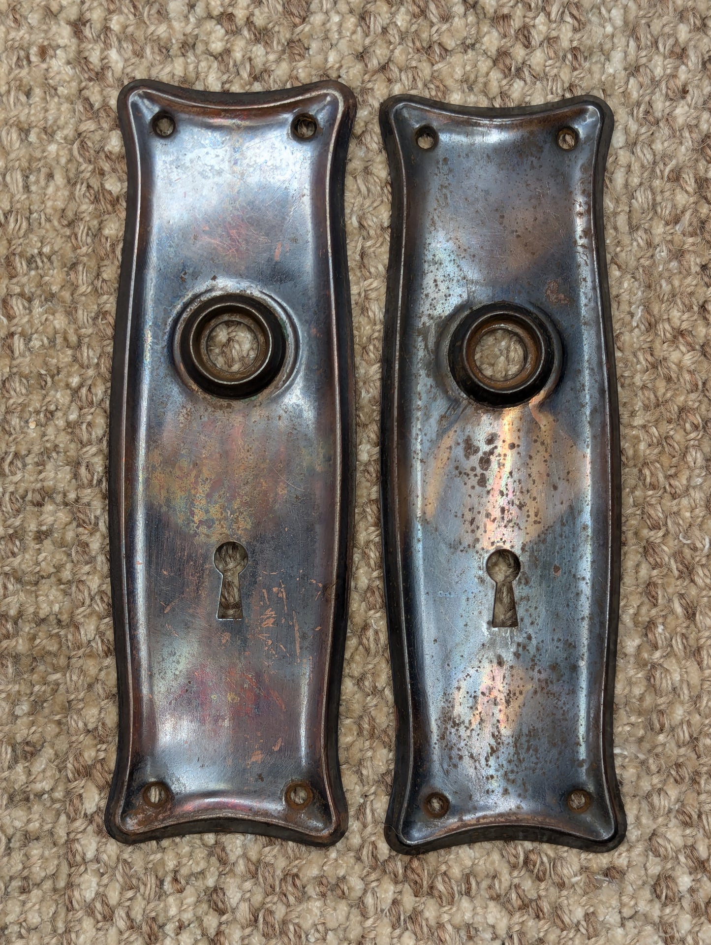 Pair Of Antique 2 1/2" x 7 11/16" Steel Door Knob Plate Hardware