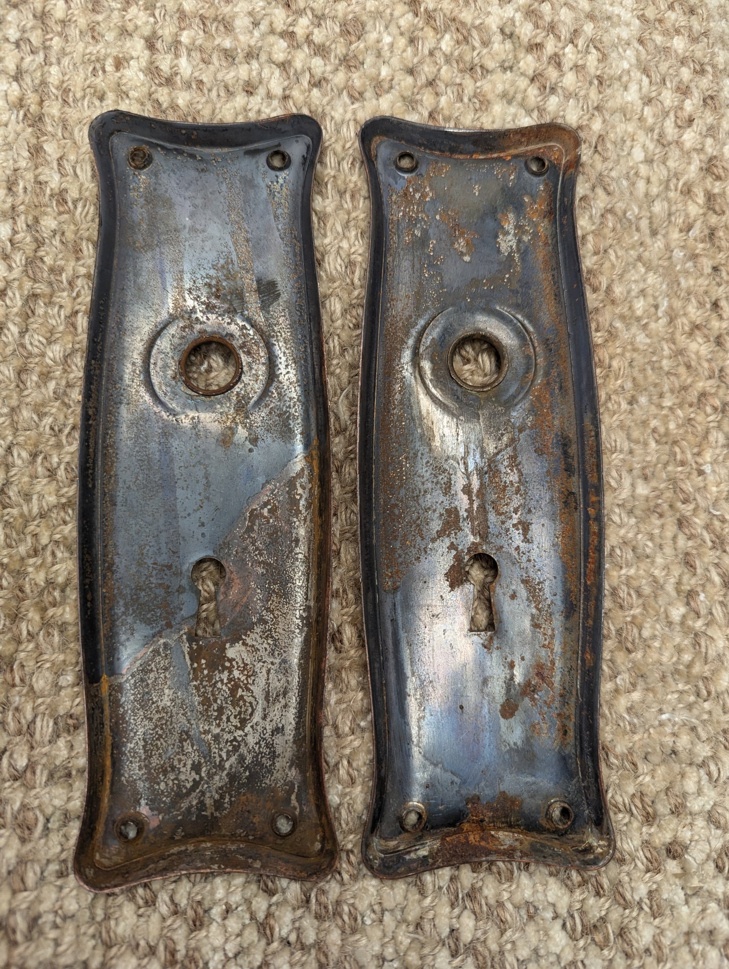 Pair Of Antique 2 1/2" x 7 11/16" Steel Door Knob Plate Hardware