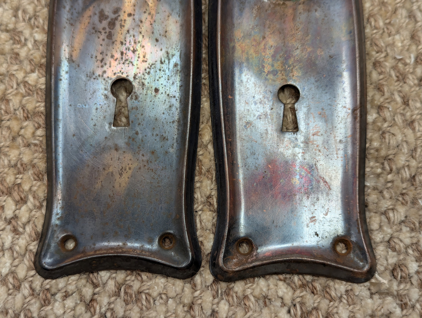 Pair Of Antique 2 1/2" x 7 11/16" Steel Door Knob Plate Hardware