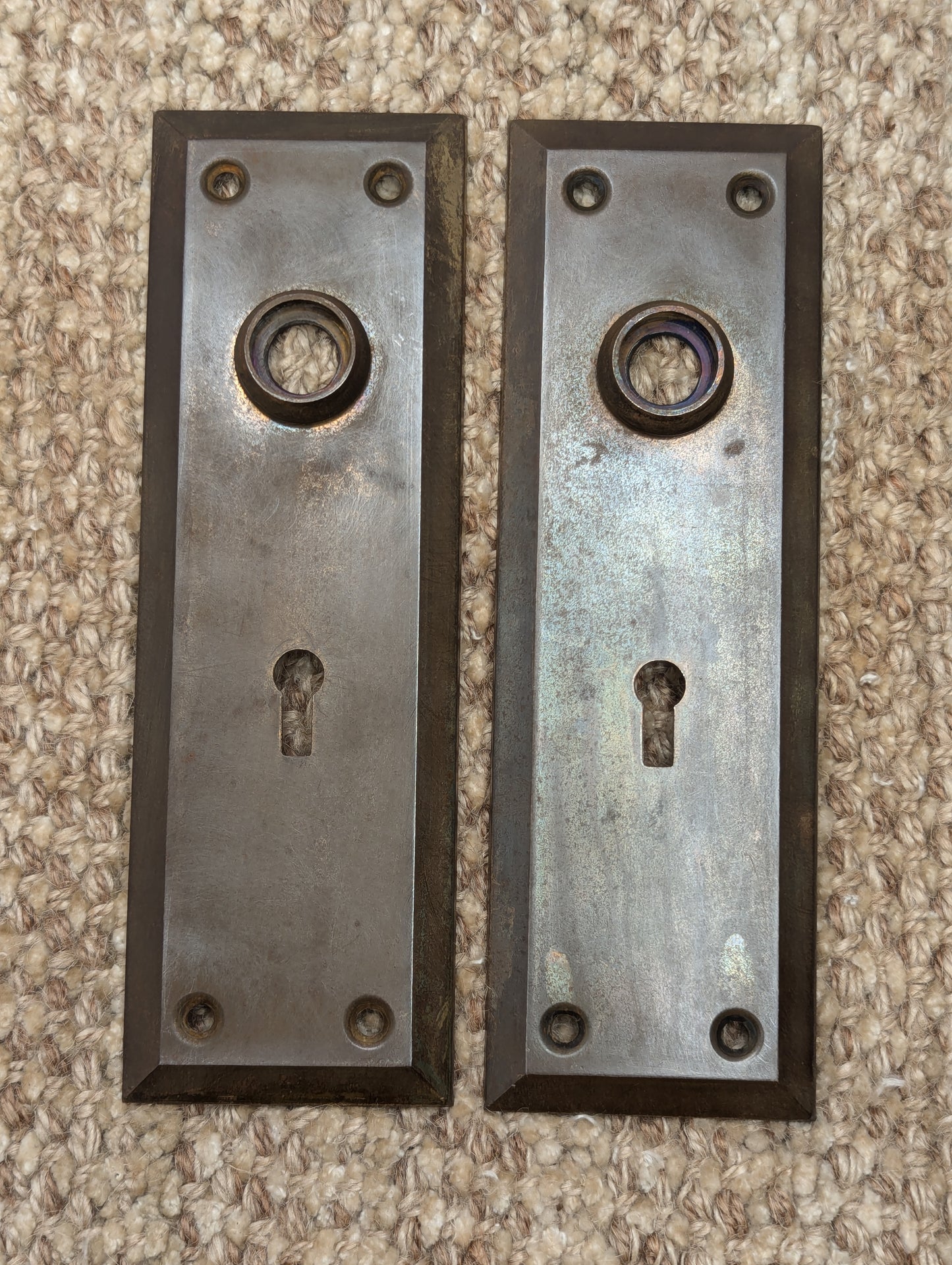 Pair Of Antique 2 1/4" x 7" Steel Door Knob Plate Hardware