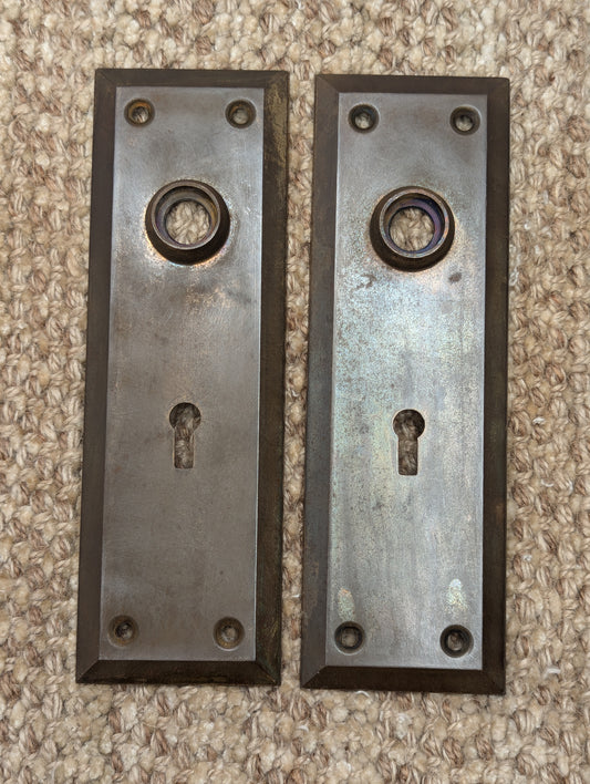 Pair Of Antique 2 1/4" x 7" Steel Door Knob Plate Hardware