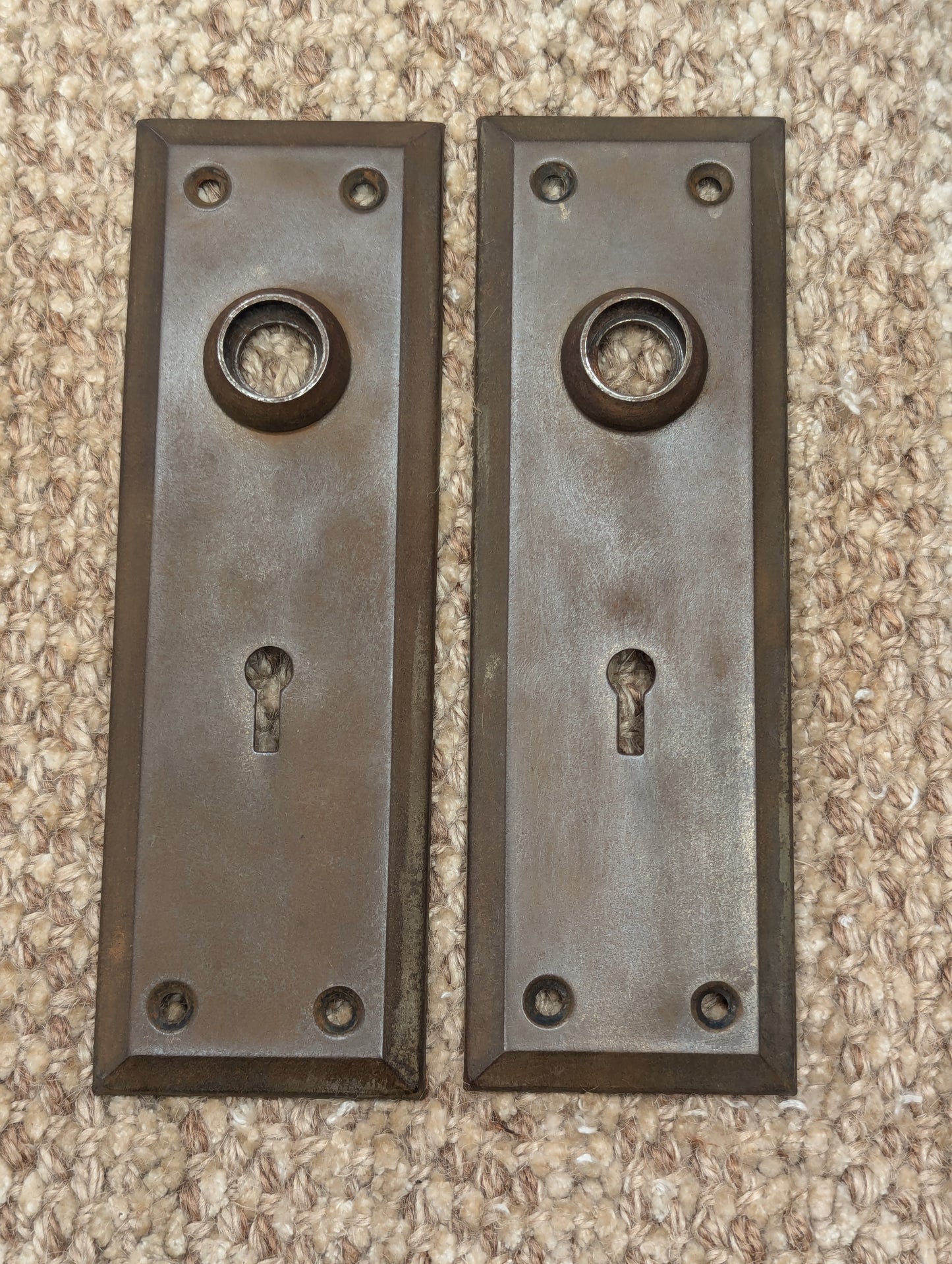 Pair Of Antique 2 1/4" x 7" Steel Door Knob Plate Hardware