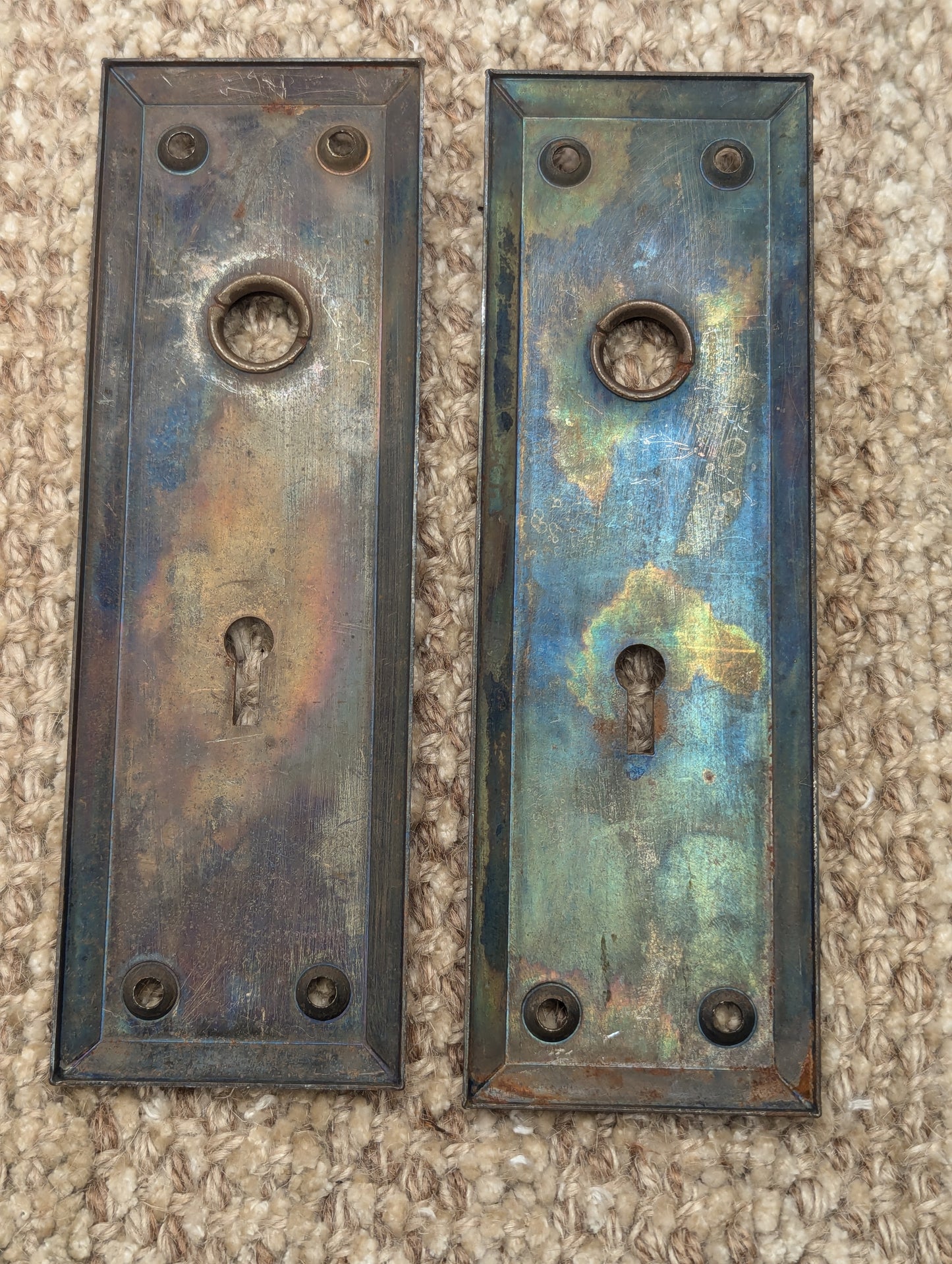 Pair Of Antique 2 1/4" x 7" Steel Door Knob Plate Hardware