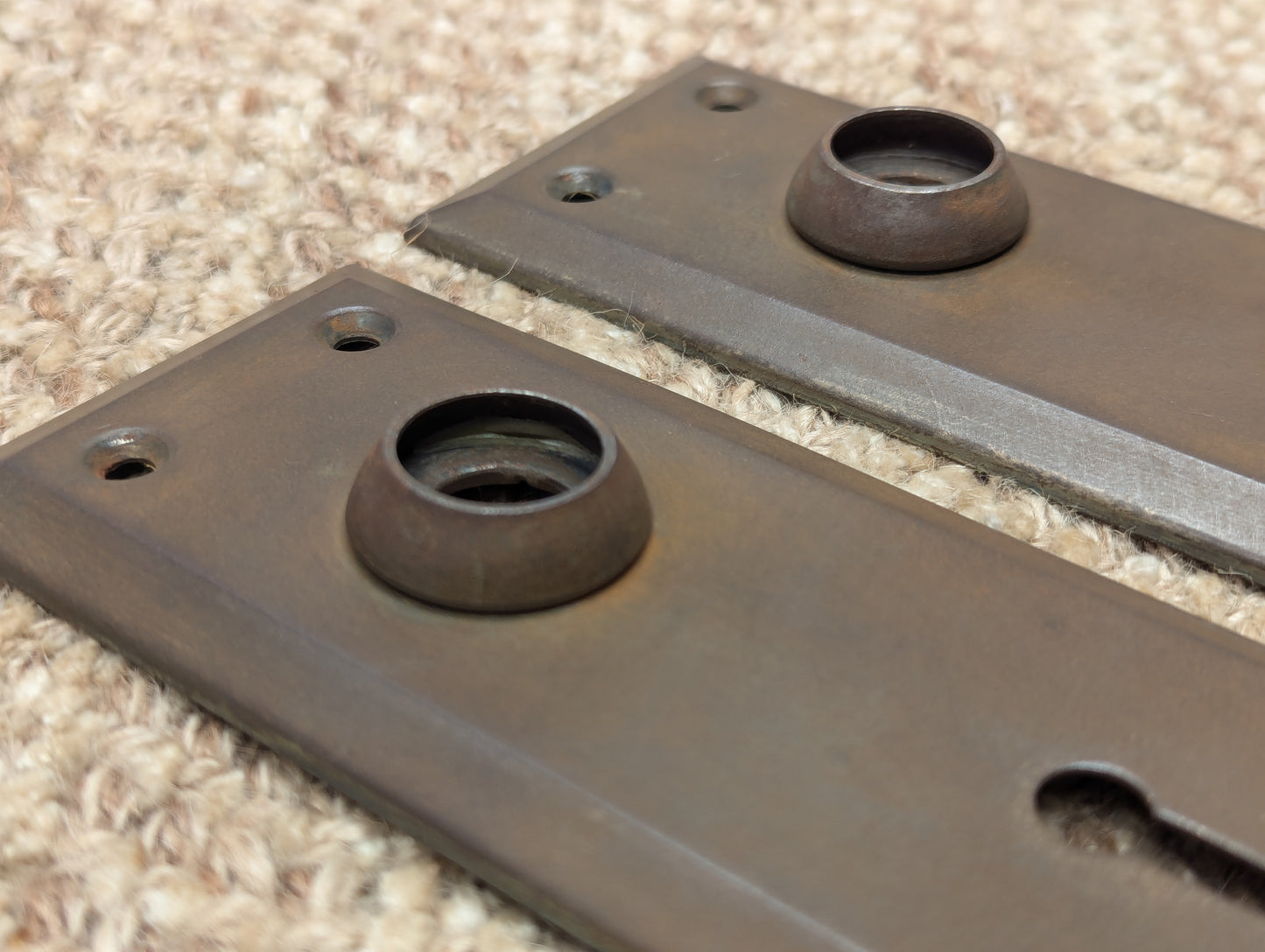 Pair Of Antique 2 1/4" x 7" Steel Door Knob Plate Hardware