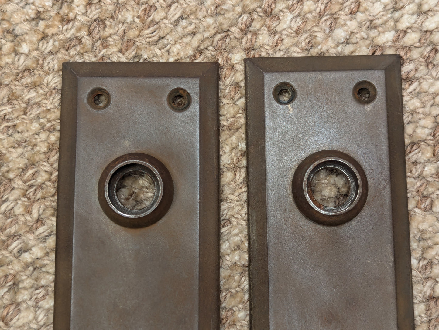 Pair Of Antique 2 1/4" x 7" Steel Door Knob Plate Hardware