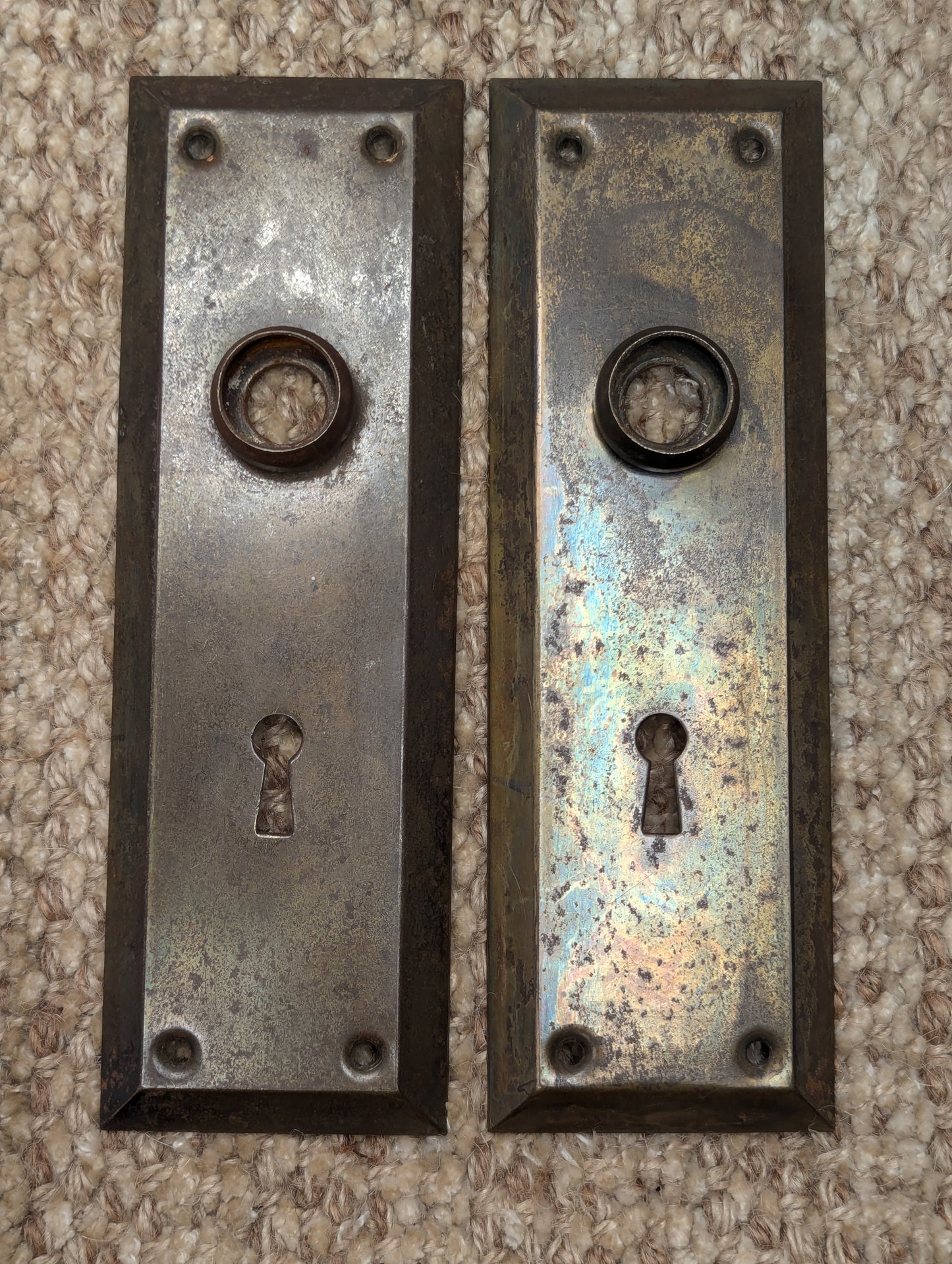 Pair Of Antique 2 5/16" x 7" Steel Door Knob Plate Hardware