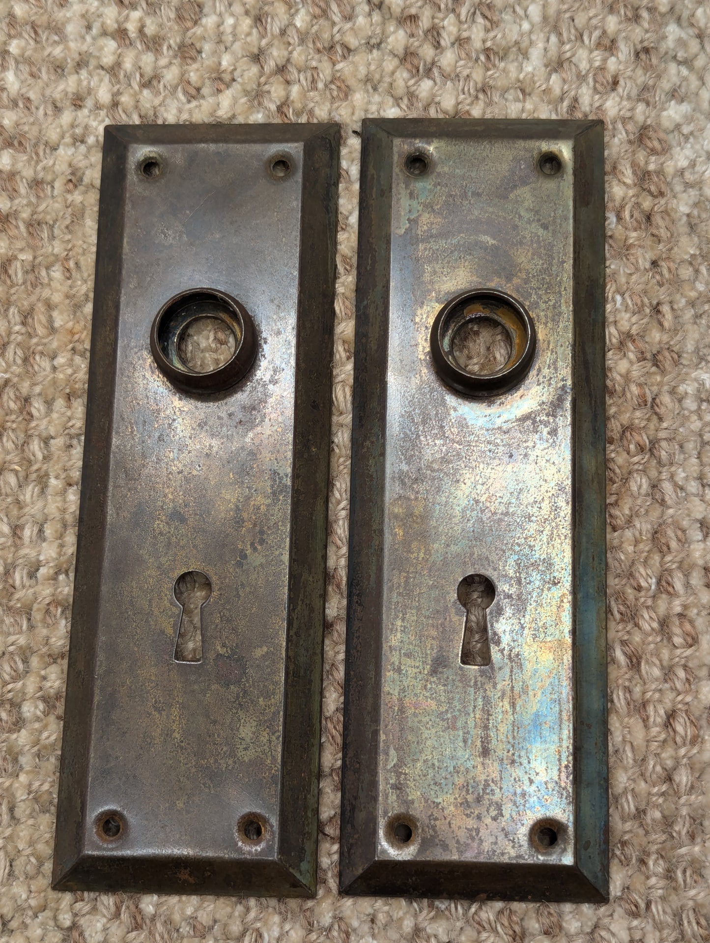 Pair Of Antique 2 5/16" x 7" Steel Door Knob Plate Hardware