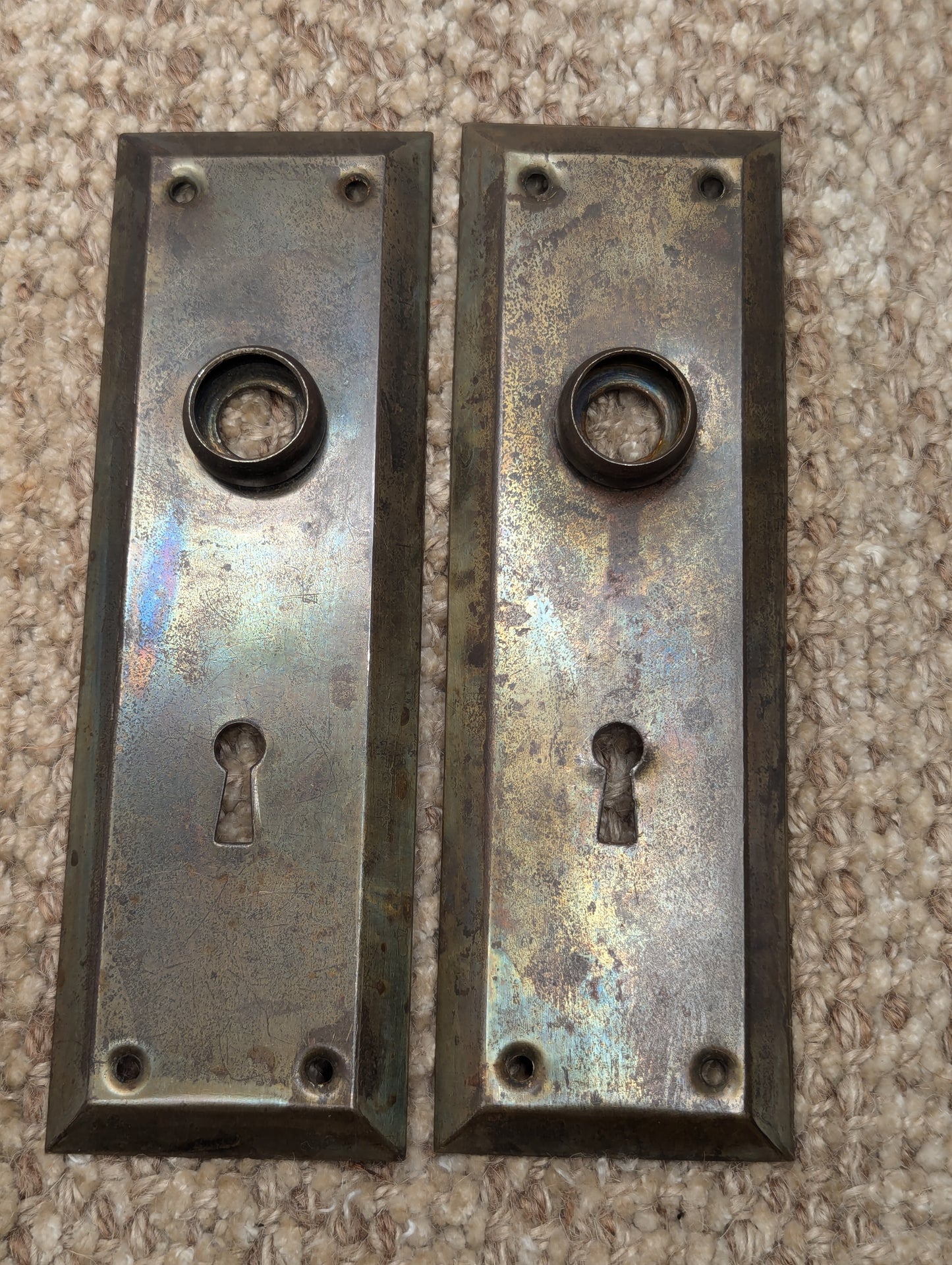 Pair Of Antique 2 5/16" x 7" Steel Door Knob Plate Hardware