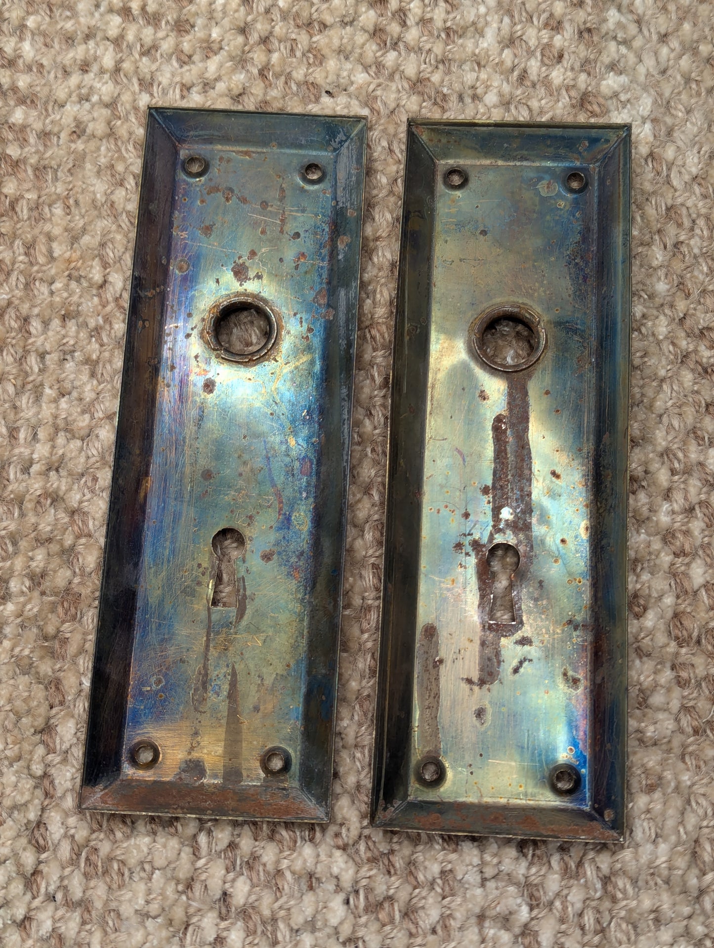 Pair Of Antique 2 5/16" x 7" Steel Door Knob Plate Hardware