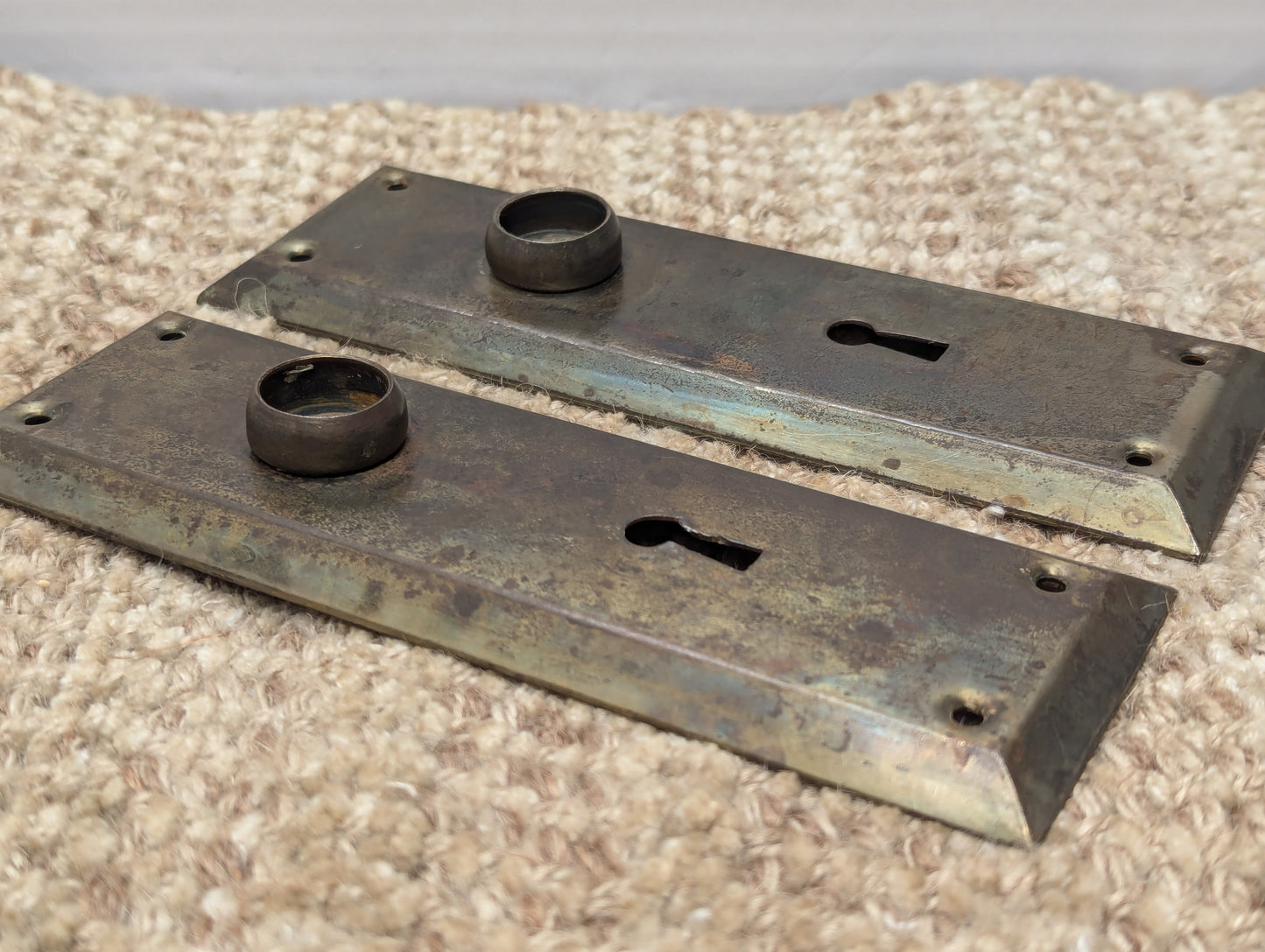 Pair Of Antique 2 5/16" x 7" Steel Door Knob Plate Hardware