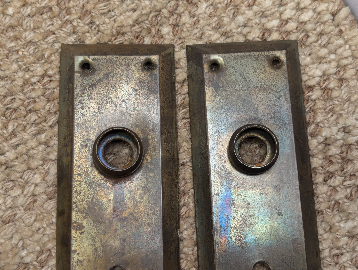 Pair Of Antique 2 5/16" x 7" Steel Door Knob Plate Hardware