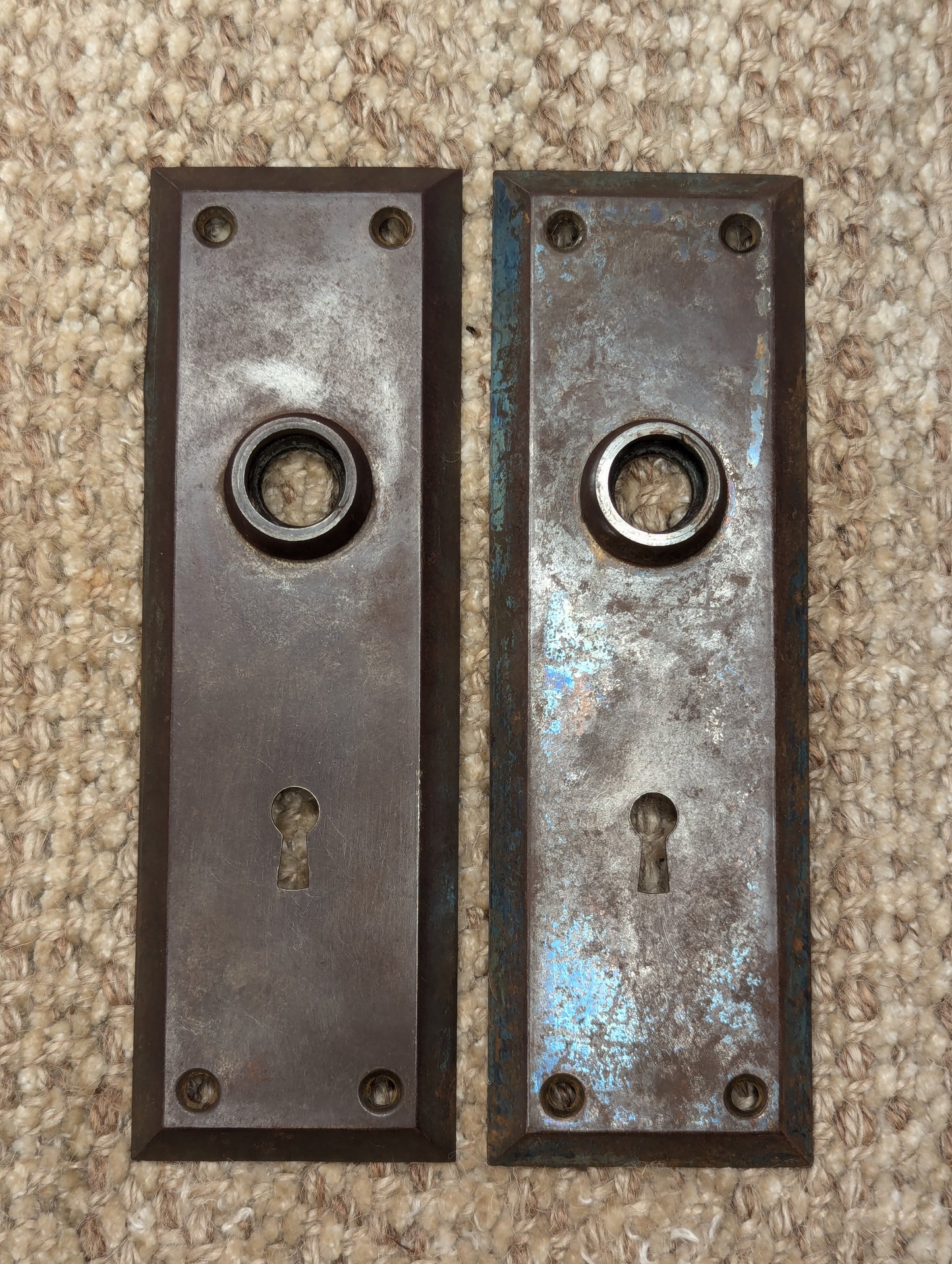 Pair Of Antique 2 1/4" x 7" Steel Door Knob Plate Hardware