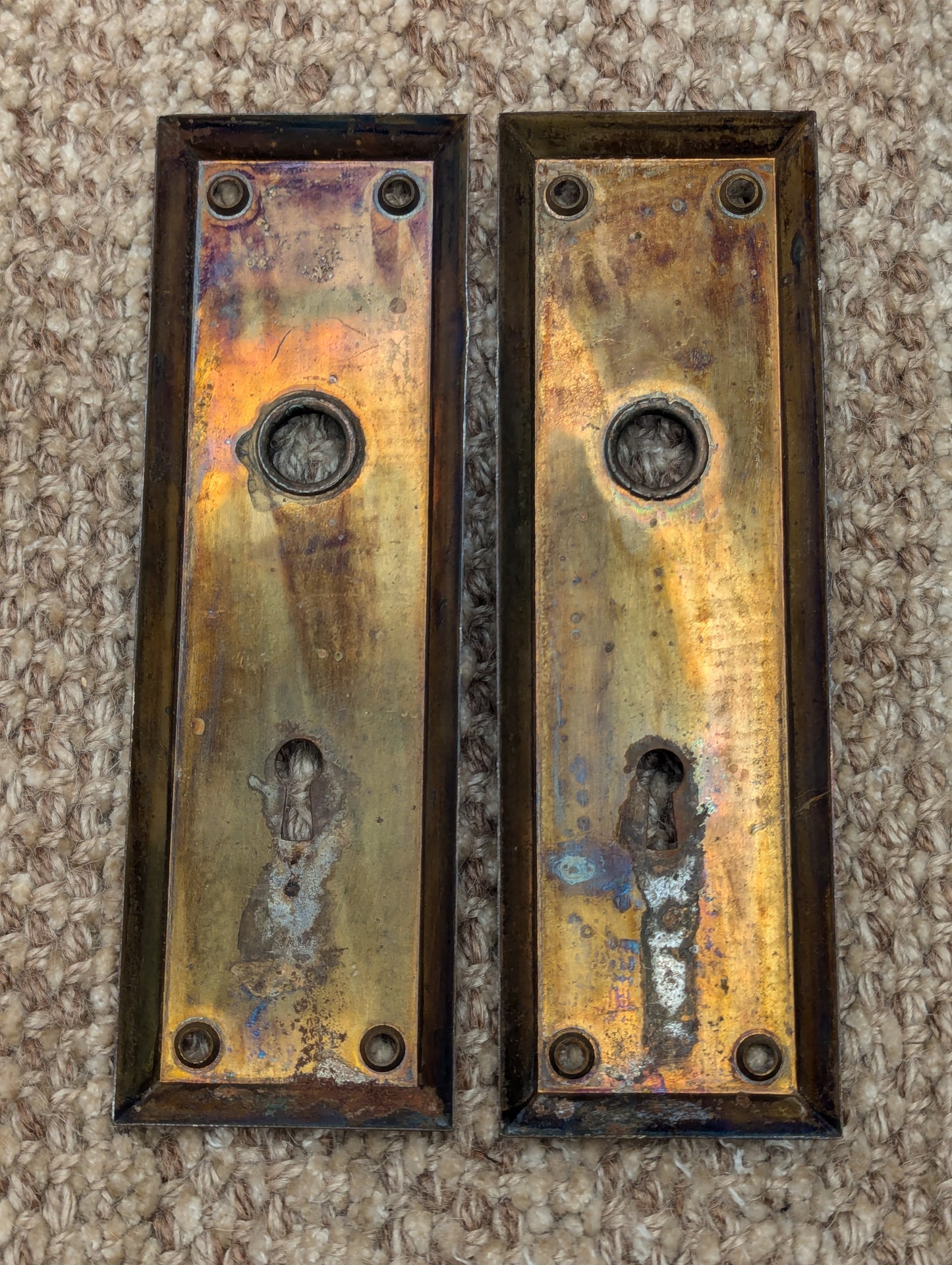 Pair Of Antique 2 1/4" x 7" Steel Door Knob Plate Hardware