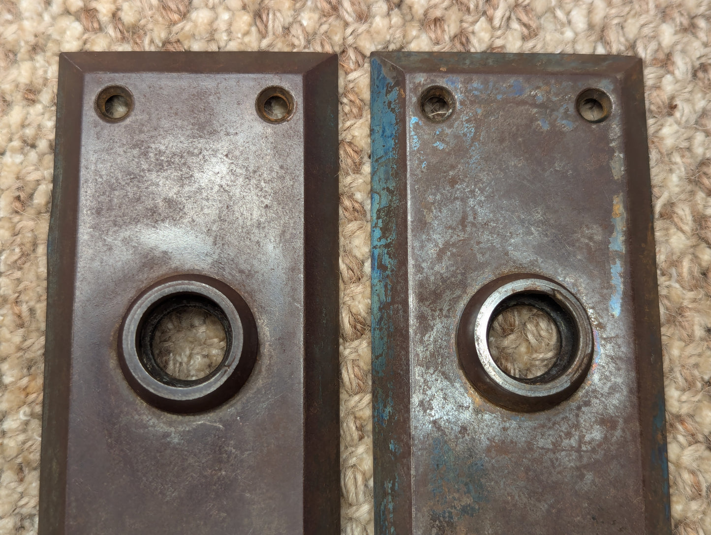 Pair Of Antique 2 1/4" x 7" Steel Door Knob Plate Hardware