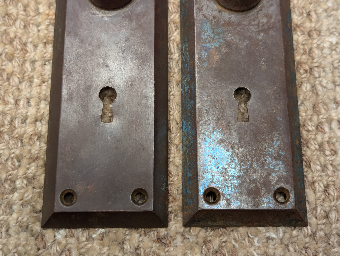 Pair Of Antique 2 1/4" x 7" Steel Door Knob Plate Hardware