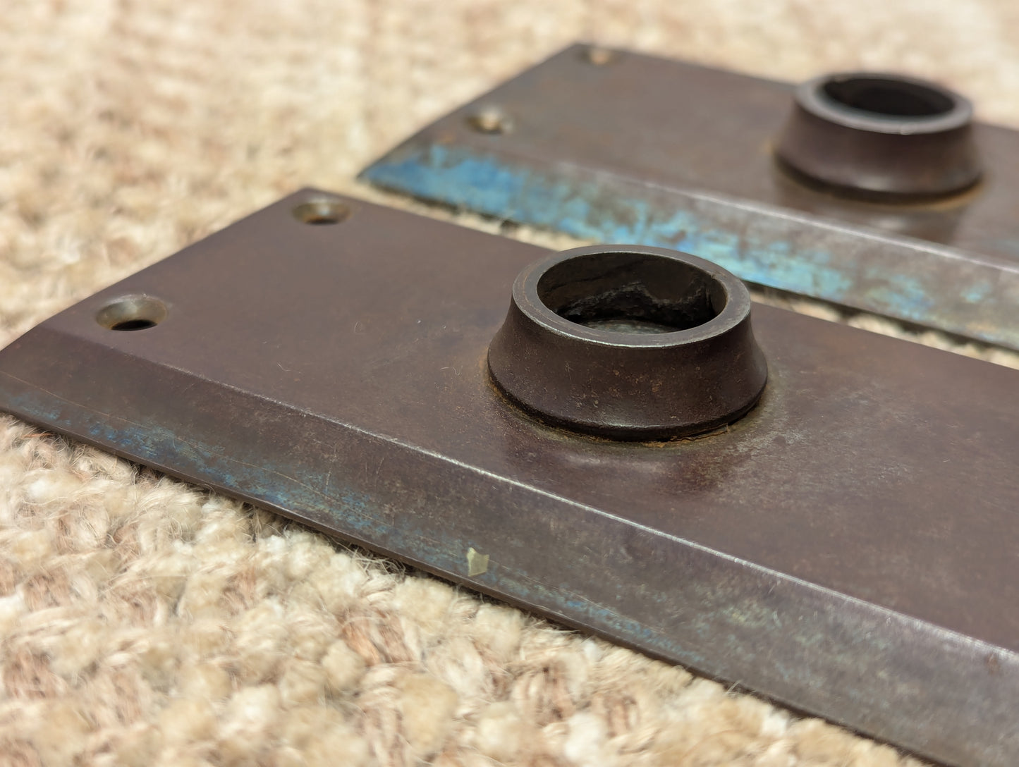 Pair Of Antique 2 1/4" x 7" Steel Door Knob Plate Hardware