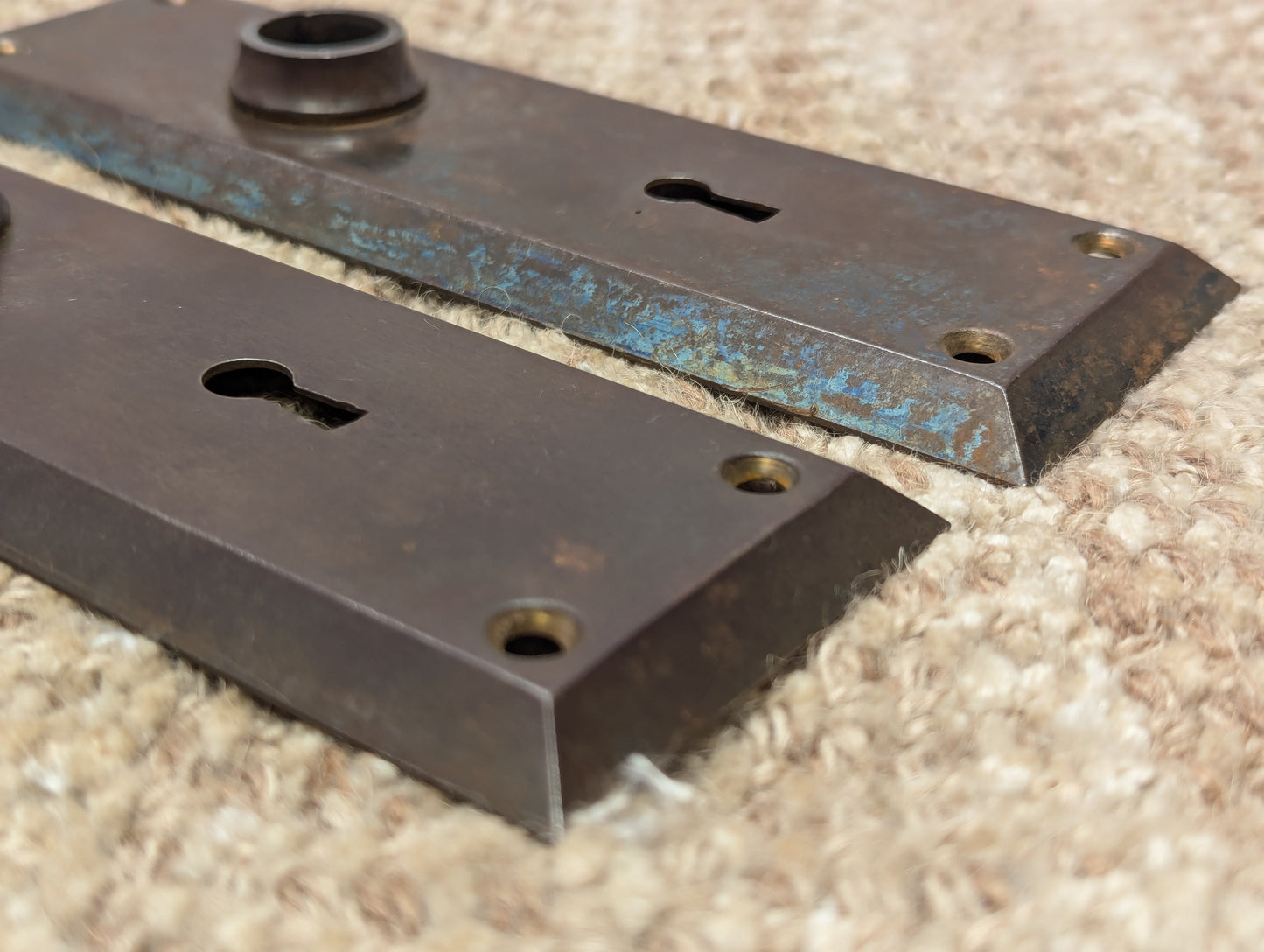 Pair Of Antique 2 1/4" x 7" Steel Door Knob Plate Hardware