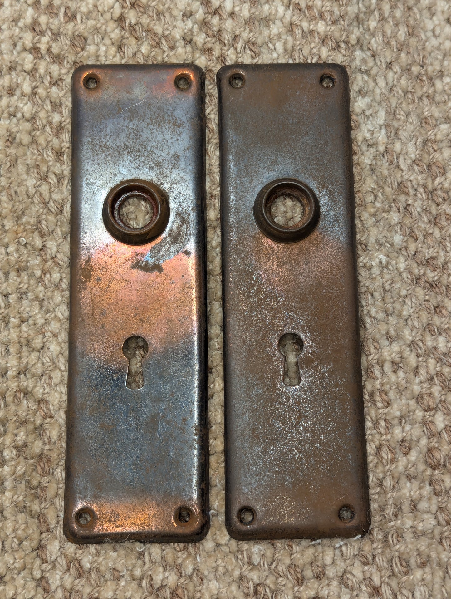 Pair Of Antique 2 1/8" x 7 1/2" Steel Door Knob Plate Hardware