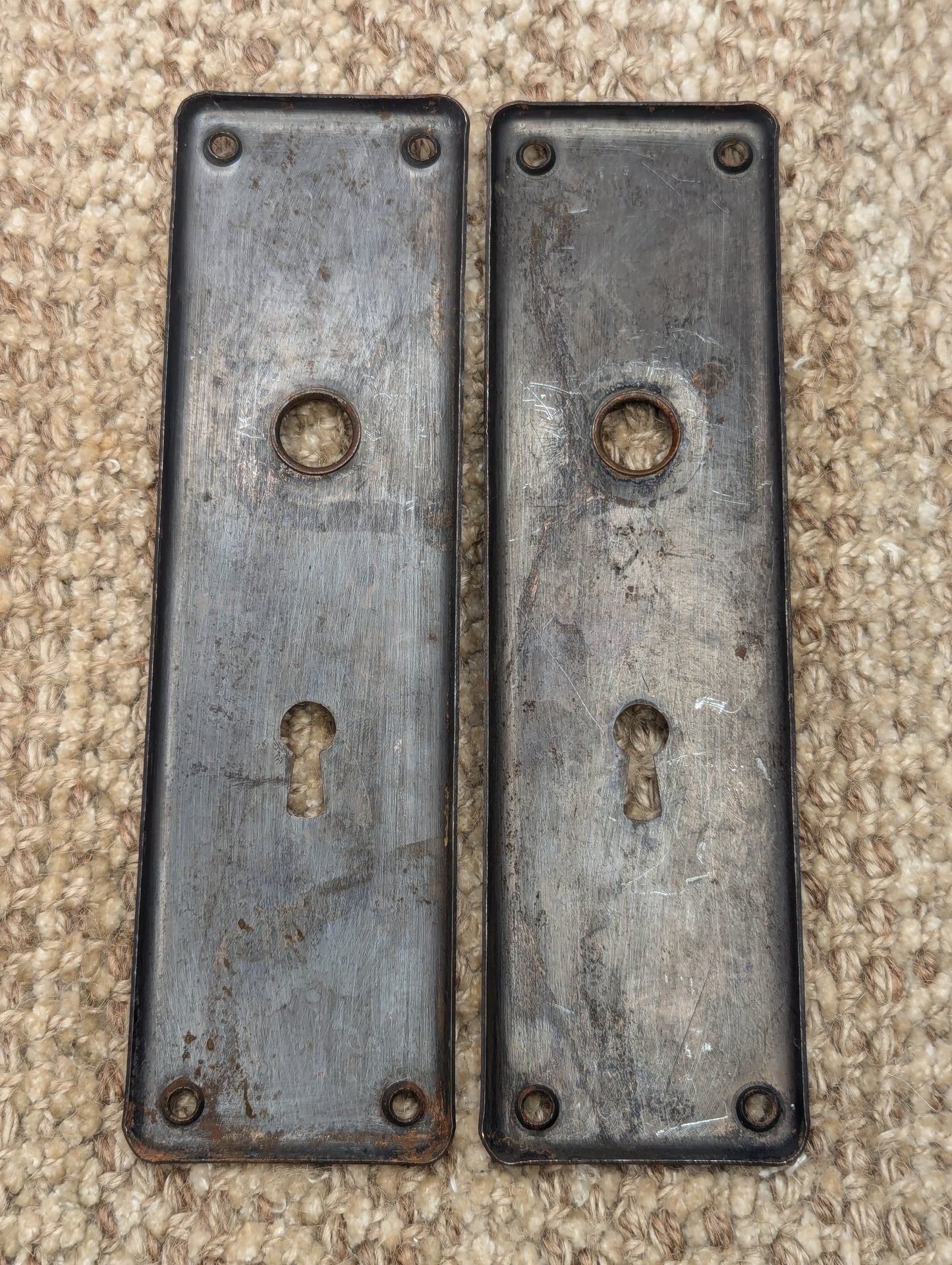 Pair Of Antique 2 1/8" x 7 1/2" Steel Door Knob Plate Hardware