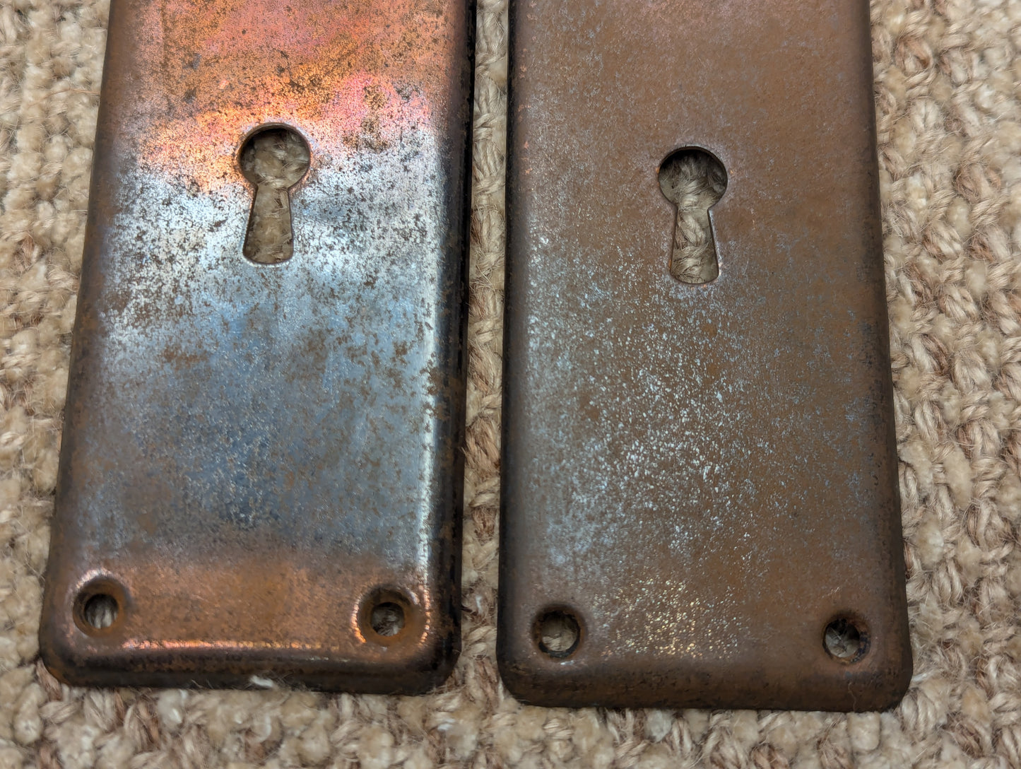 Pair Of Antique 2 1/8" x 7 1/2" Steel Door Knob Plate Hardware