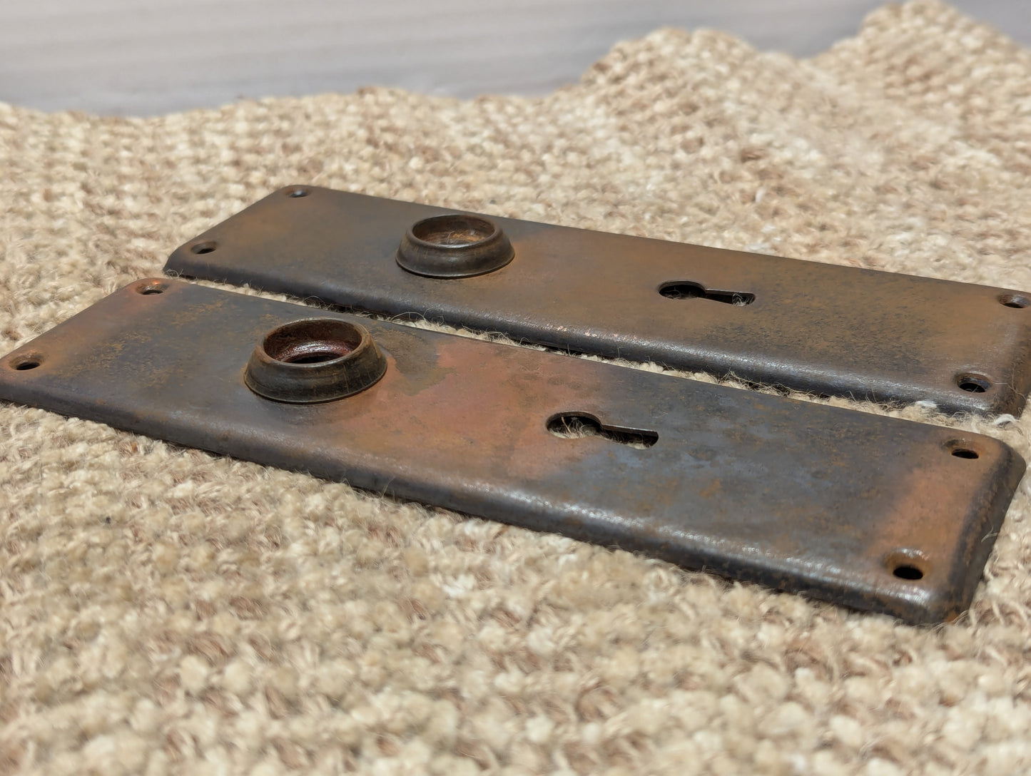 Pair Of Antique 2 1/8" x 7 1/2" Steel Door Knob Plate Hardware