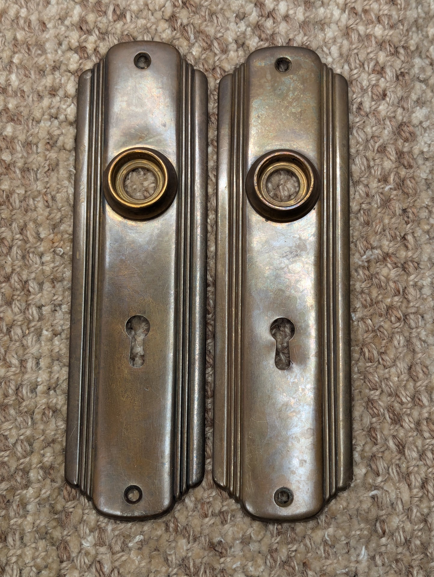 Pair Of Antique 2" x 7 1/4" Brass Door Knob Plate Hardware