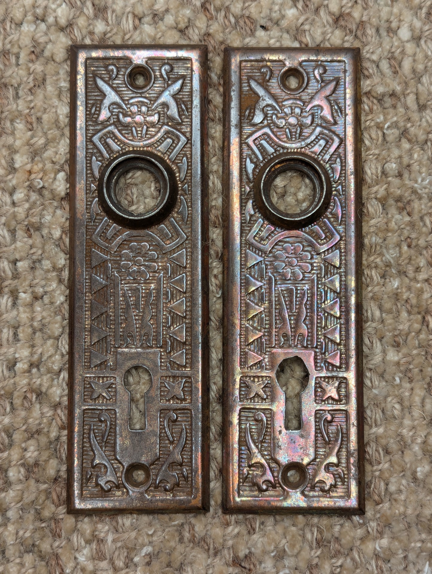 Pair Of Antique 1 5/8" x 5 1/2" Steel Door Knob Plate Hardware