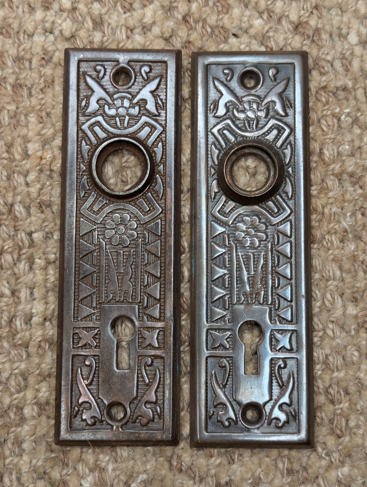 Pair Of Antique 1 5/8" x 5 1/2" Steel Door Knob Plate Hardware