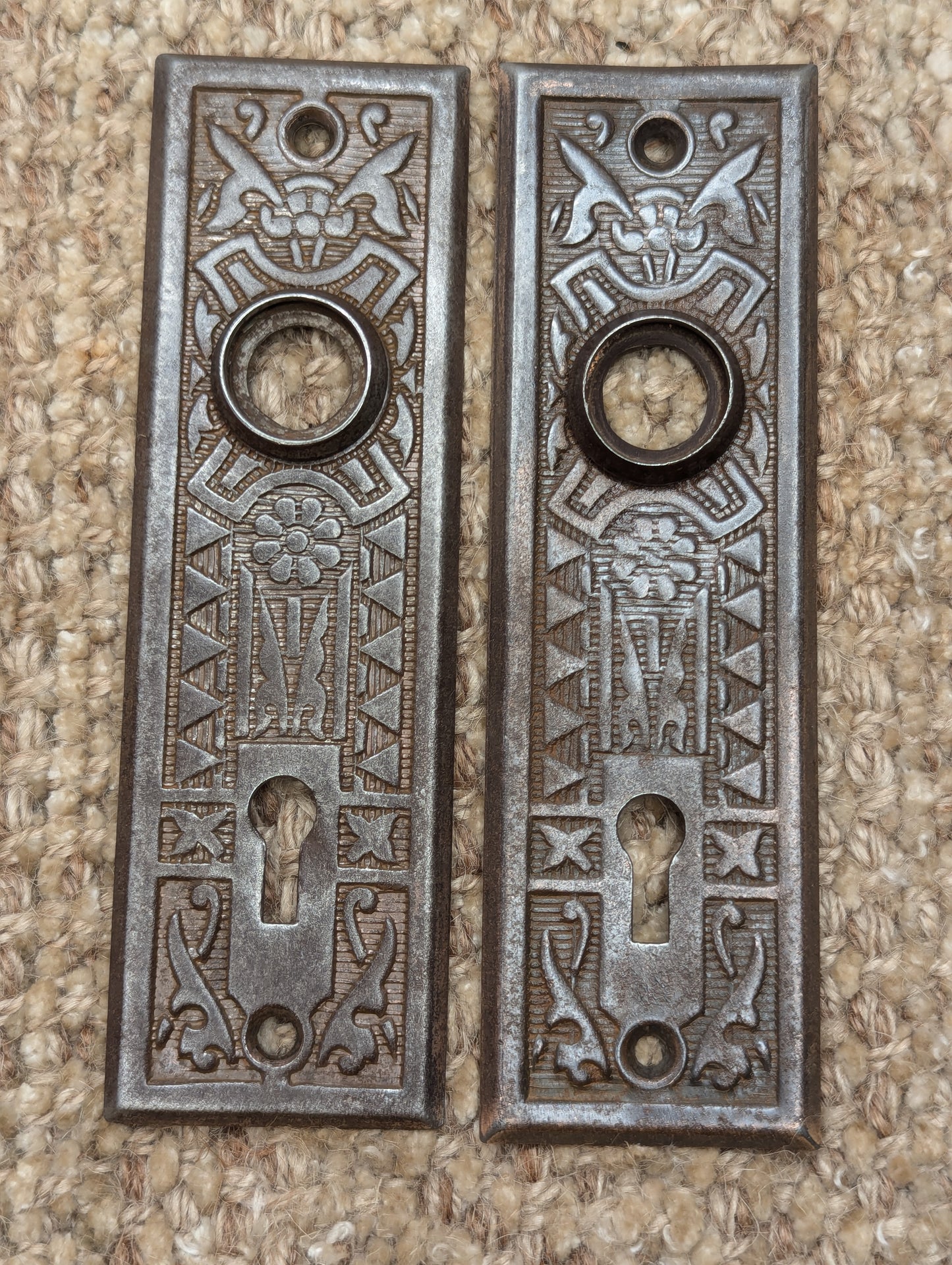 Pair Of Antique 1 5/8" x 5 1/2" Steel Door Knob Plate Hardware