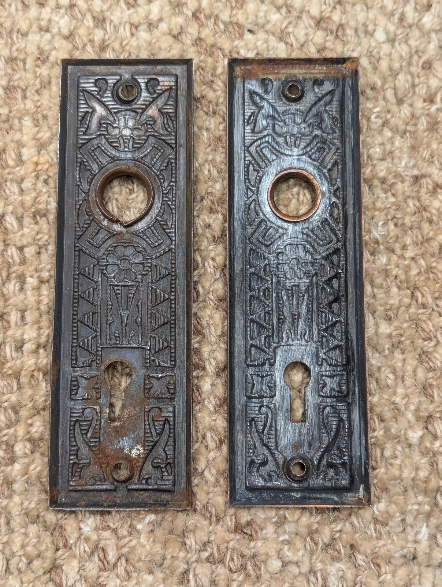 Pair Of Antique 1 5/8" x 5 1/2" Steel Door Knob Plate Hardware