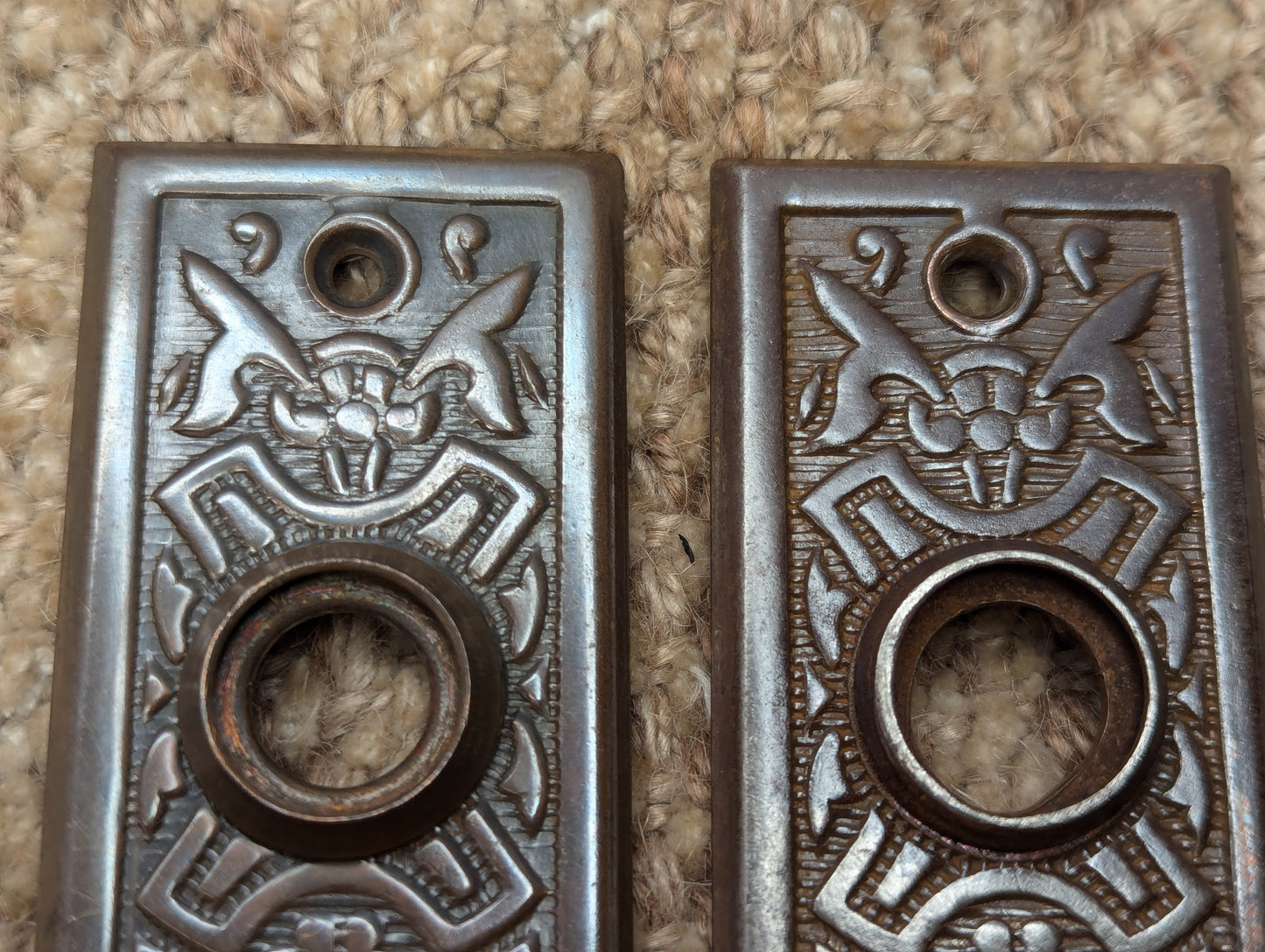 Pair Of Antique 1 5/8" x 5 1/2" Steel Door Knob Plate Hardware