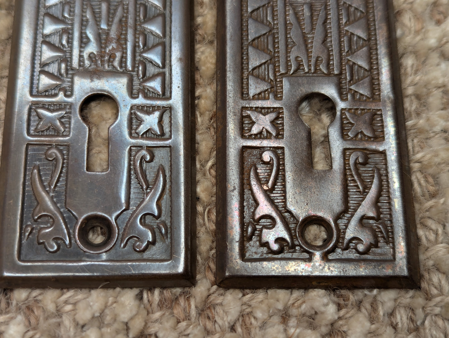 Pair Of Antique 1 5/8" x 5 1/2" Steel Door Knob Plate Hardware