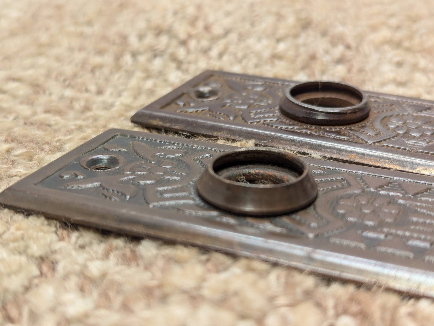 Pair Of Antique 1 5/8" x 5 1/2" Steel Door Knob Plate Hardware