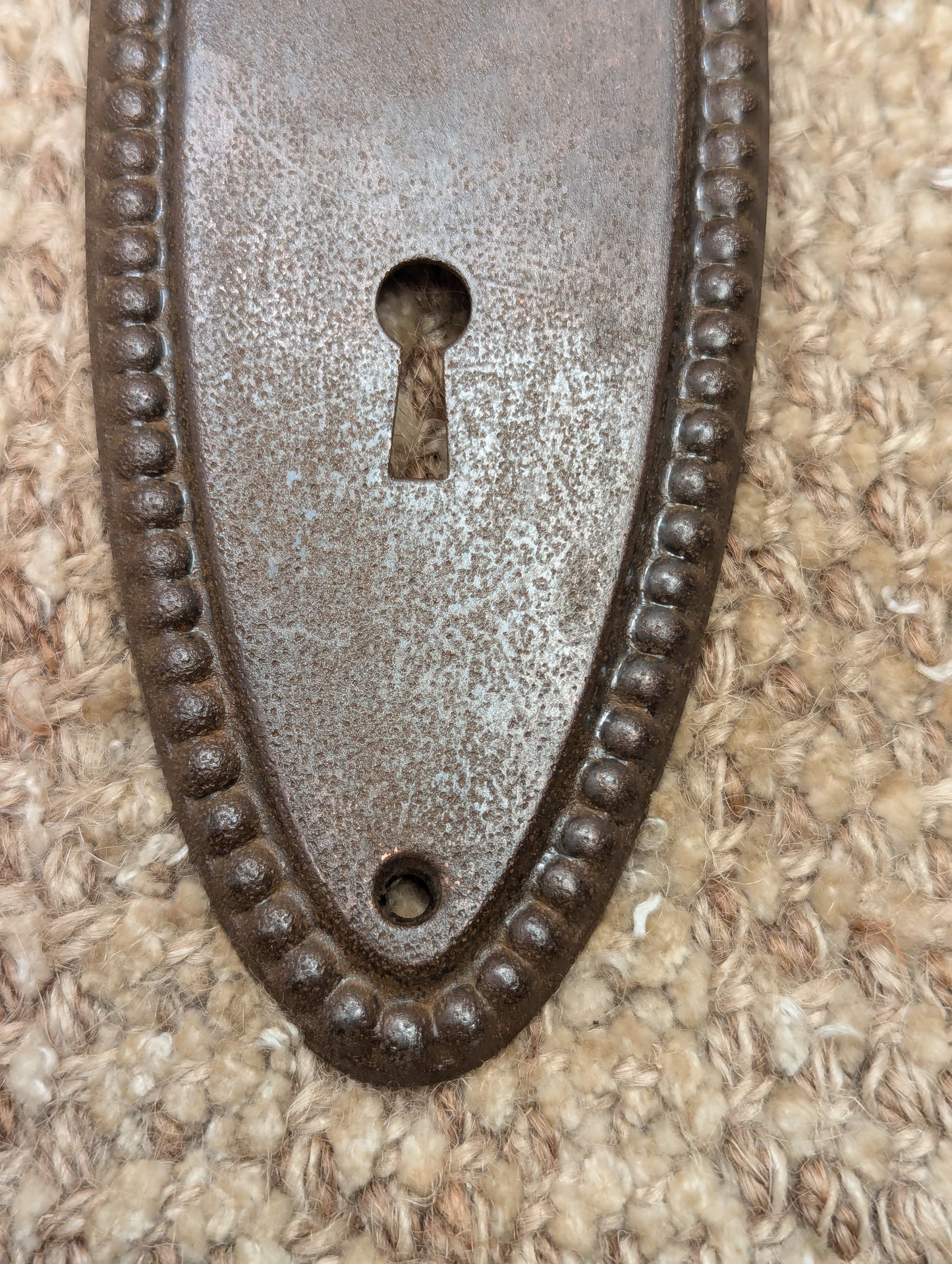 Antique 2 1/2" x 7 1/2" Oval Beaded Steel Door Knob Plate