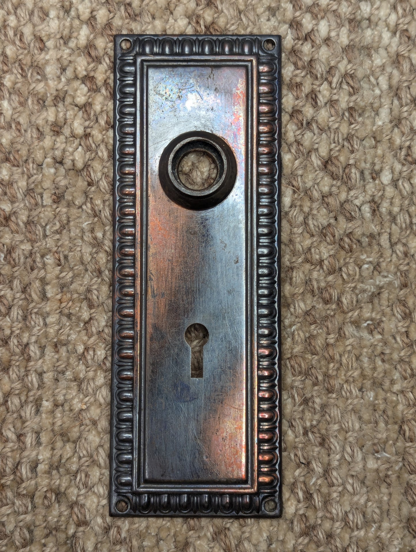 Antique 2 5/16" x 6 1/2" Egg & Dart Steel Door Knob Plate