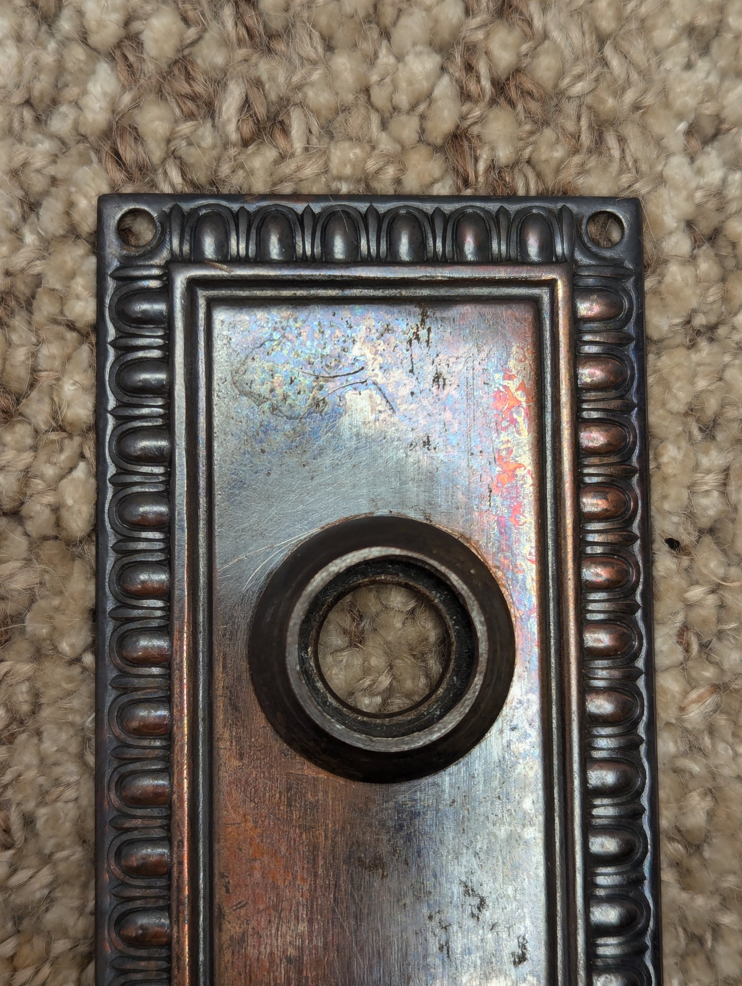 Antique 2 5/16" x 6 1/2" Egg & Dart Steel Door Knob Plate