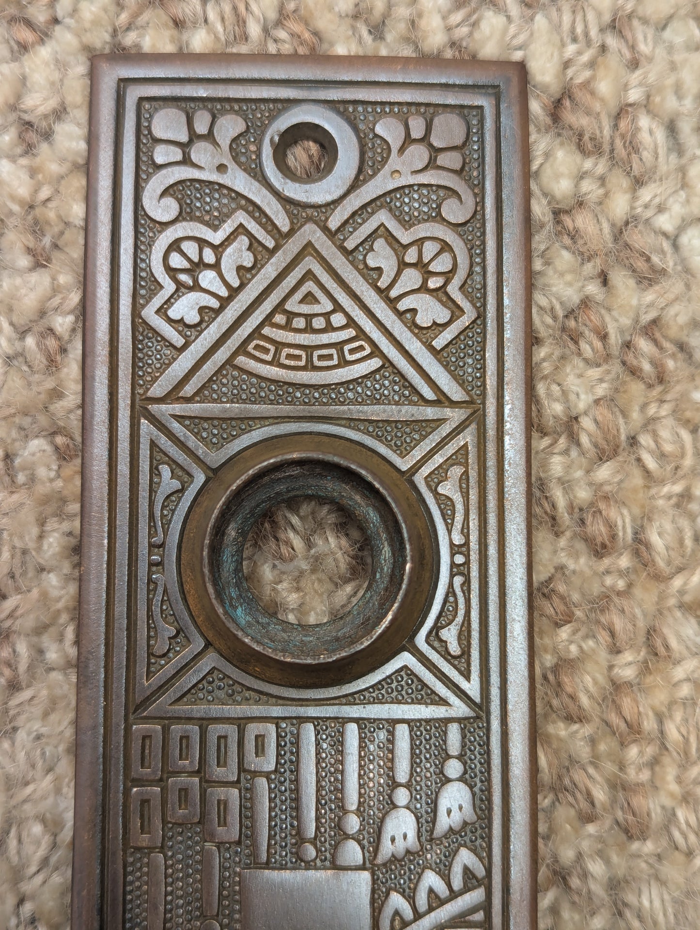 Antique P & F Corbin "Ceylon" 1 7/8" x 7 1/4" Cast Brass Door Knob Plate Circa 1905