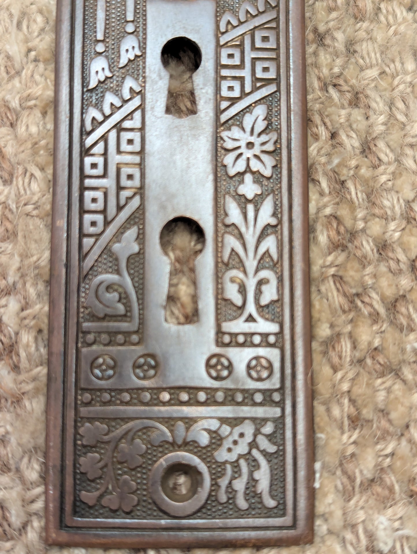 Antique P & F Corbin "Ceylon" 1 7/8" x 7 1/4" Cast Brass Door Knob Plate Circa 1905