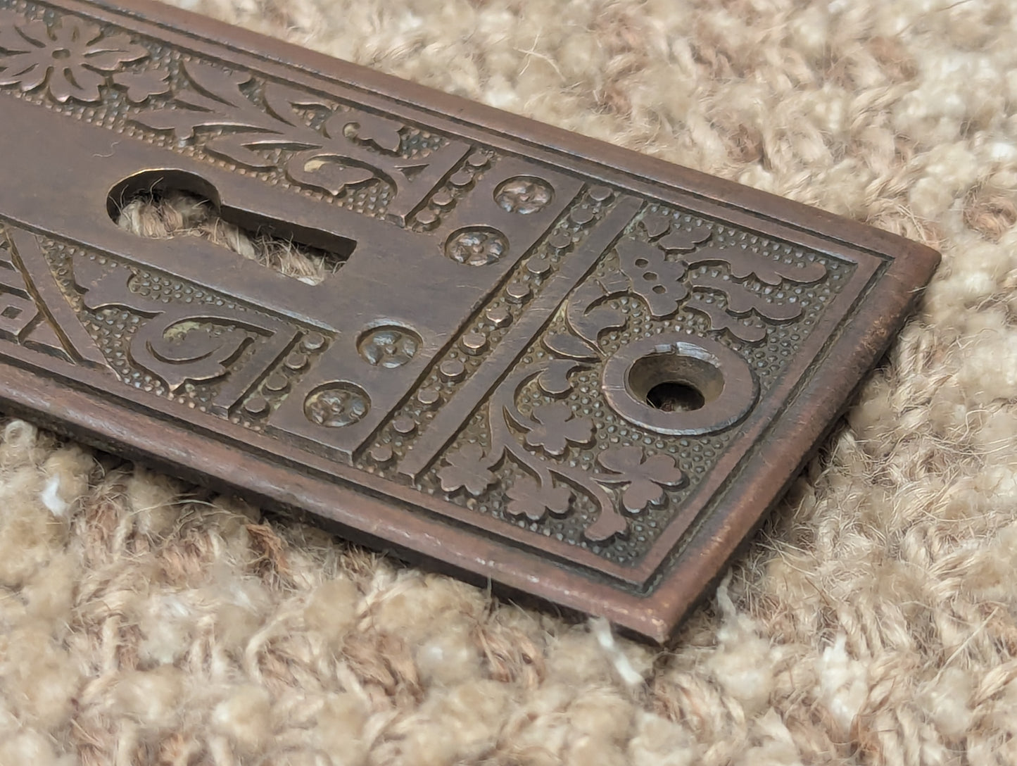 Antique P & F Corbin "Ceylon" 1 7/8" x 7 1/4" Cast Brass Door Knob Plate Circa 1905