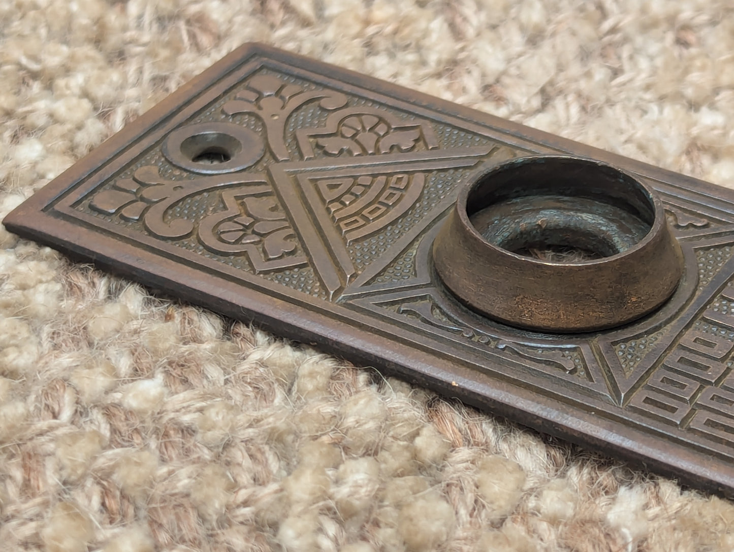 Antique P & F Corbin "Ceylon" 1 7/8" x 7 1/4" Cast Brass Door Knob Plate Circa 1905