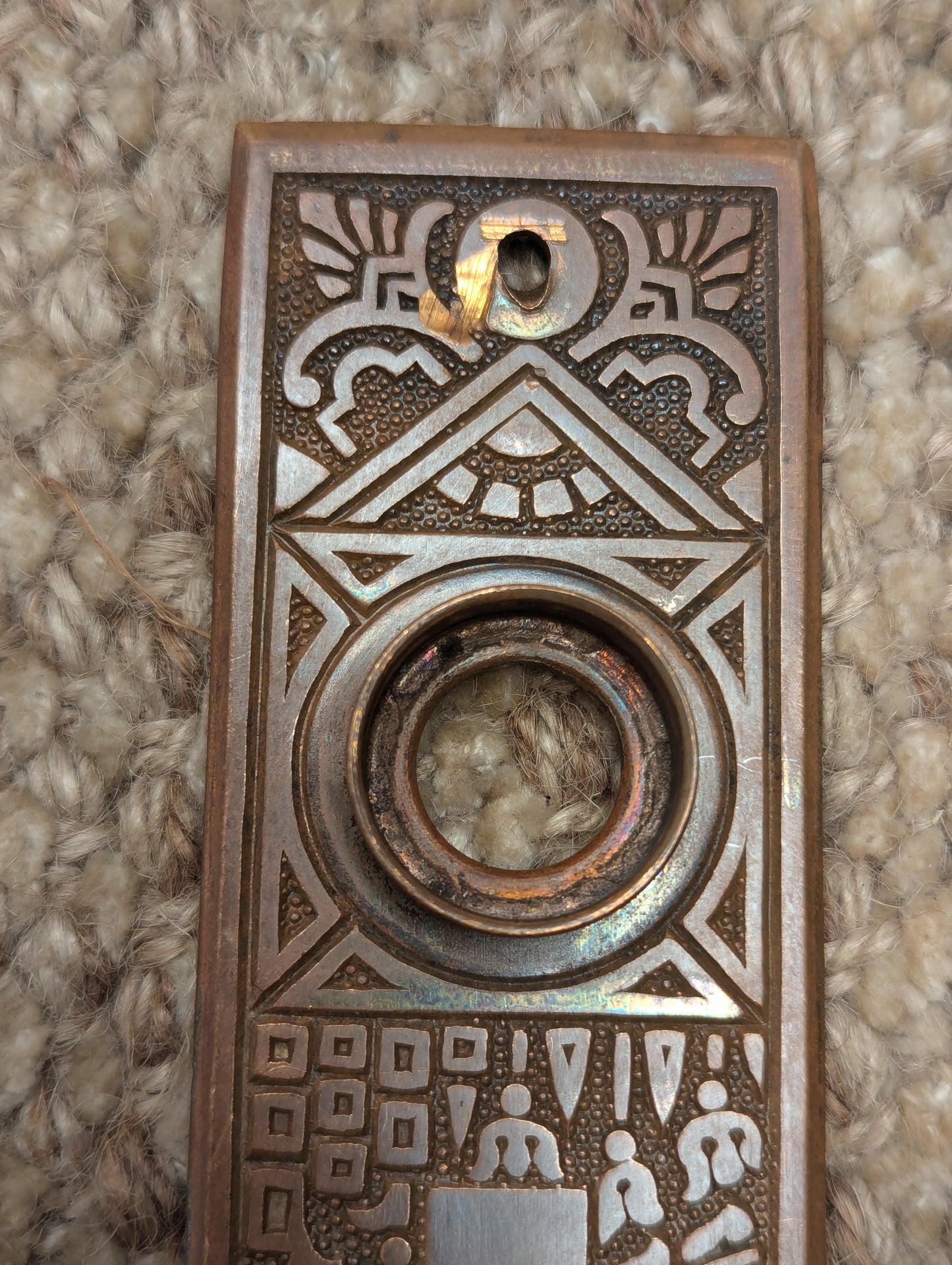 Antique P & F Corbin "Ceylon" 1 9/16" x 5 1/2" Cast Brass Door Knob Plate Circa 1905