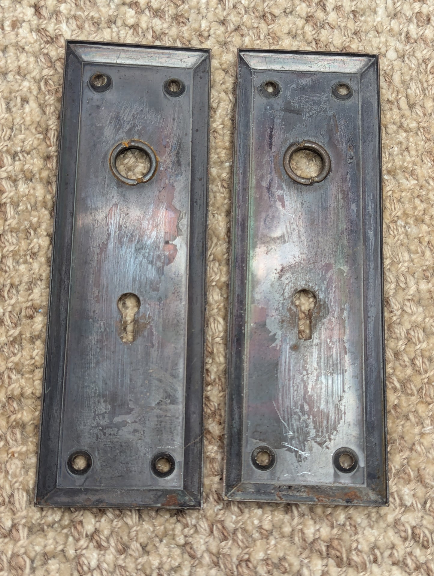 2 1/4" x 7" Pair Of Antique Steel Door Knob Plates